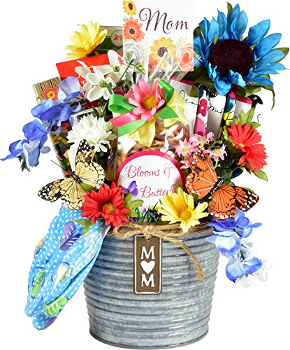 Gourmet Gift Basket for Mom - Galvanized Planter with Delicious Snacks, Silk Flowers & Gardening Tools | Mother's Day, Birthday, Thank You Gift Idea