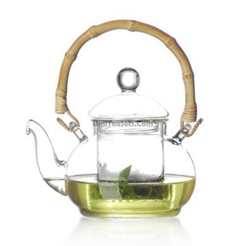 Handmade Bamboo Handle Glass Teapot - Premium Loose Leaf Tea Infuser with Strainer - Perfect for Green Tea, Herbal Tea & Iced Tea Brewing at Home or Office