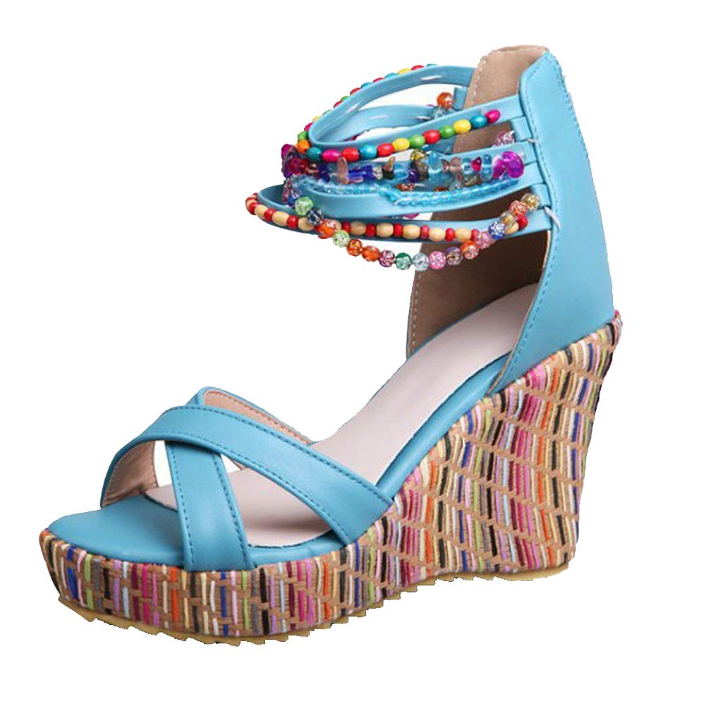 Getmorebeauty Women's Pearl Embellished Wedge Sandals - Comfortable Platform High Heels for Summer, Beach, and Casual Outings