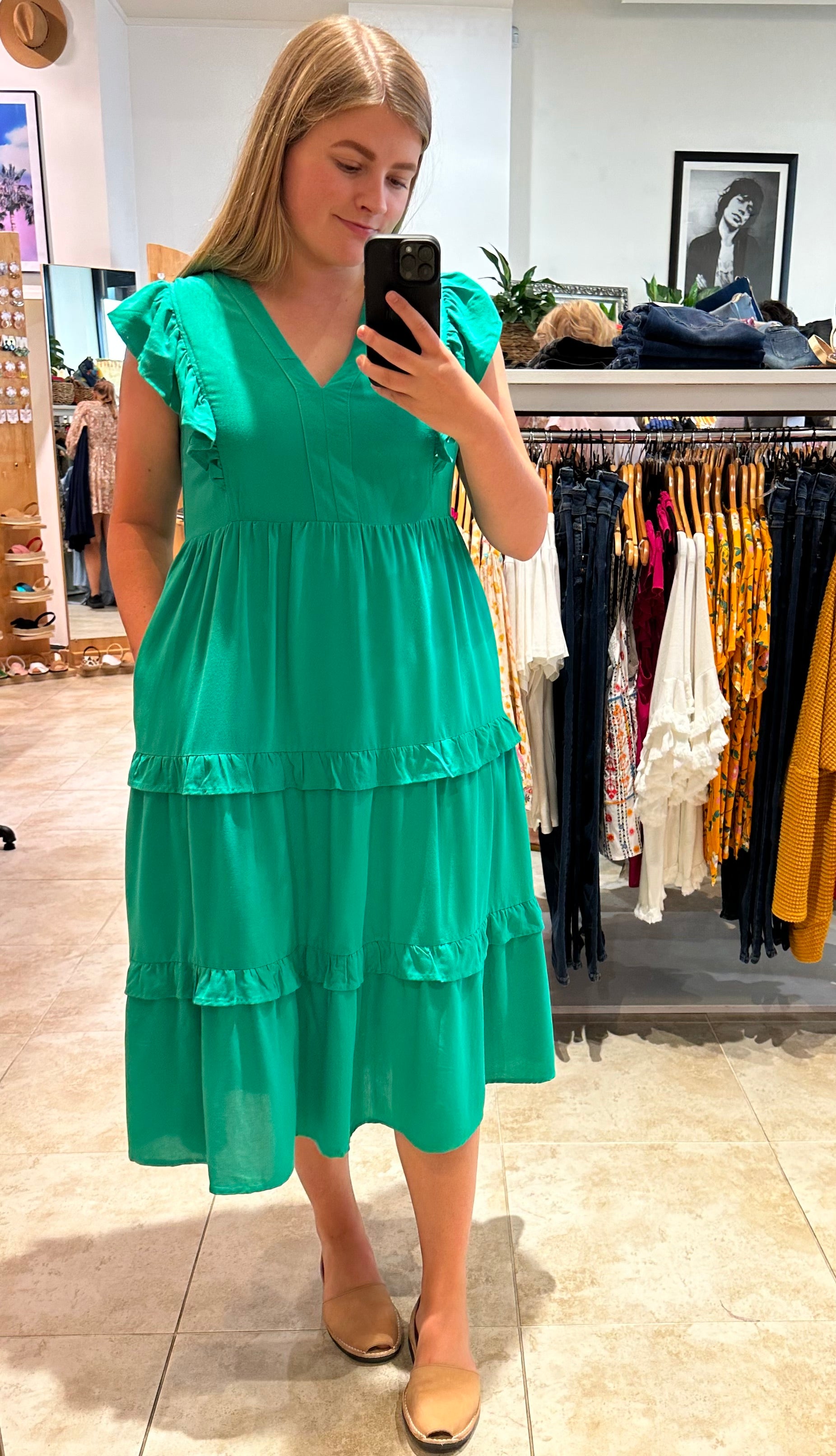 Jayla Ruffled Tiered Midi Dress - Soft Green Floral Summer Dress for Women | Beach Wedding, Garden Party & Date Night Outfit