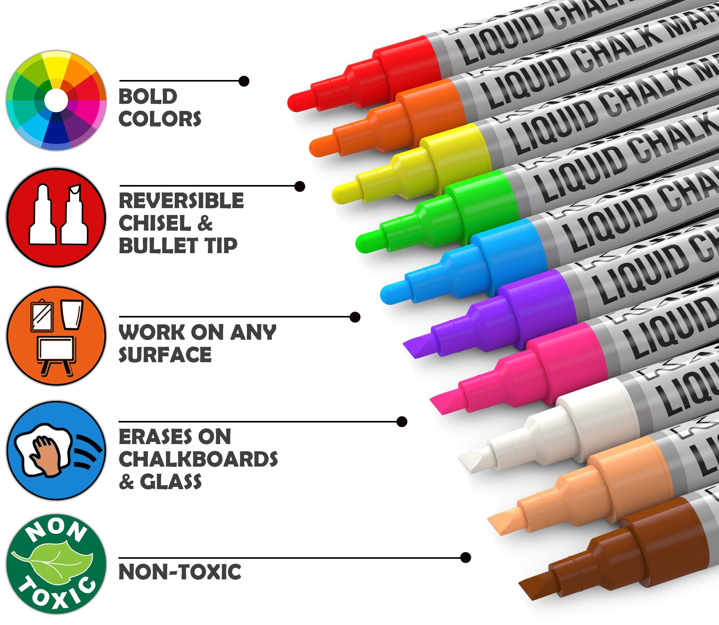 Kassa Chisel and Bullet Dual Tip Marking Pen Set - 10 Pack Neon Chalk Markers (6mm Tip) & 5 White Chalkboard Pens (Assorted Sizes) - Perfect for Whiteboards, Glass Writing, Signage, and DIY Crafts