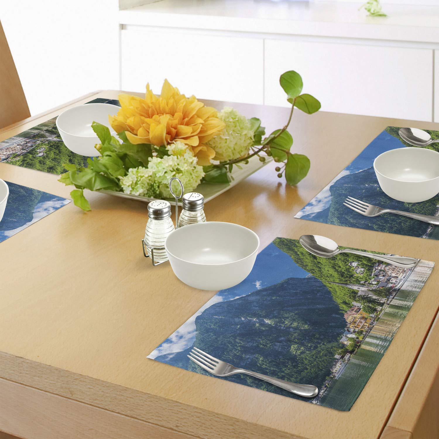 Ambesonne 4-Piece Landscape Placemats Set - Hallstatt Austria Mountain Forest Town Scenery with Blue Sky - Washable Fabric Table Mats for Dining Room & Kitchen Decor in Green, Blue, White | Perfect for Dinner Parties, Holiday Gatherings & Home Decor