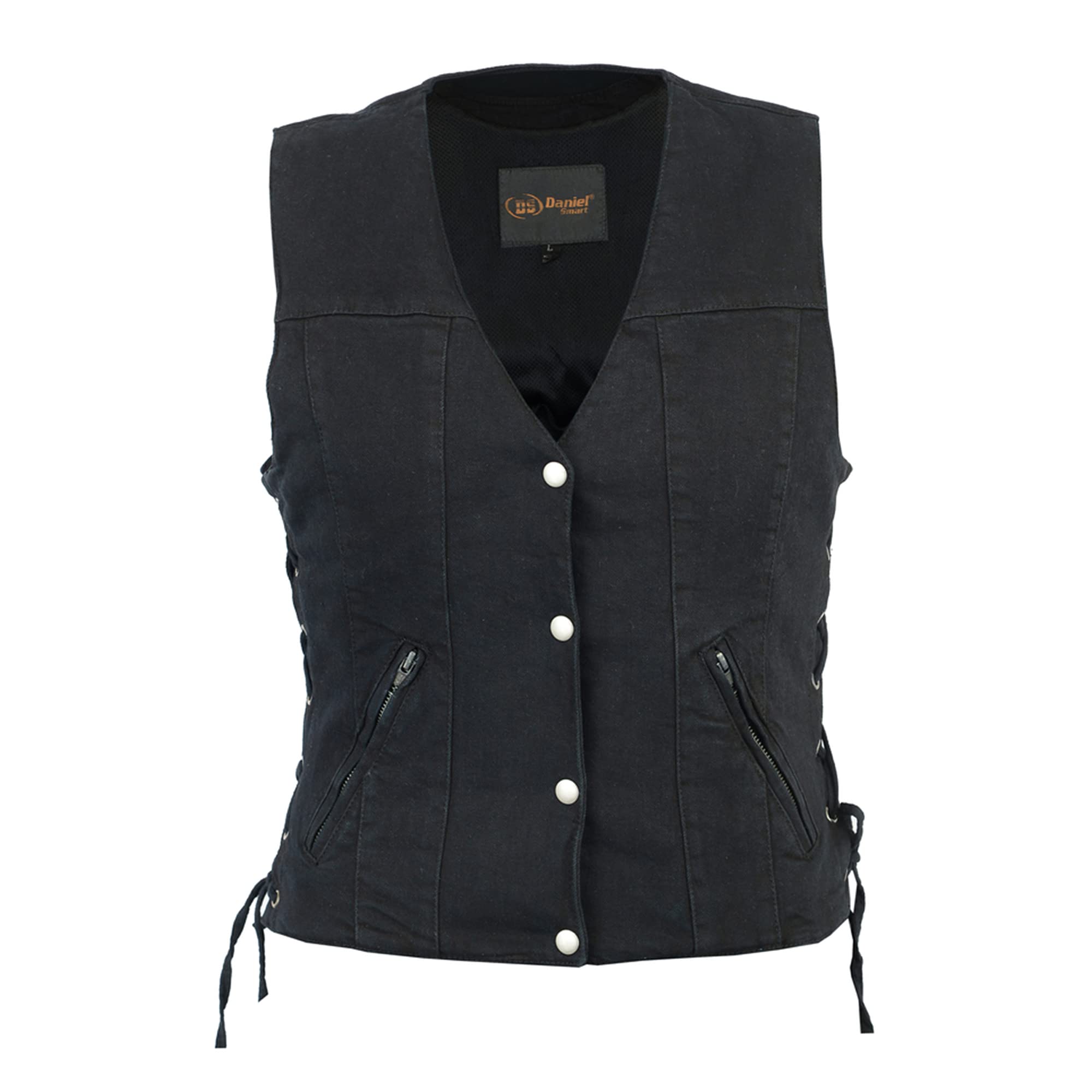 Daniel Smart Women's Denim Vest - V-Neck Black Jean Jacket with Side Lace-Up & Hidden Armory Pocket | Biker Fashion, Casual Outfit, Streetwear Style