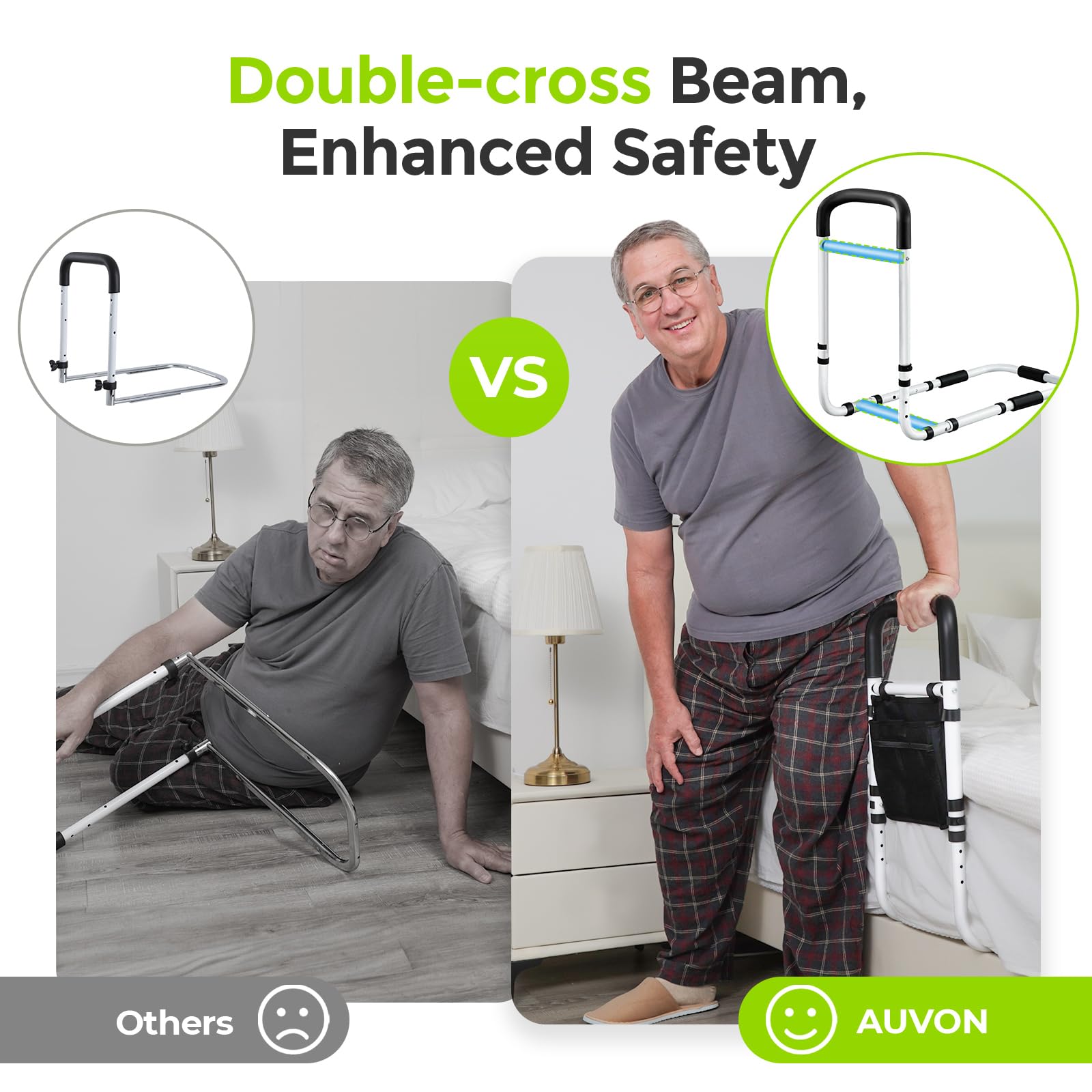 AUVON Adjustable Bed Rails for Elderly Adults - Heavy Duty Safety Bed Assist Rail with Double Crossbeam & Storage Pocket - High Support Bed Guard for Seniors to Get In/Out of Bed Safely - Ideal for Home Care, Hospital Use & Mobility Assistance