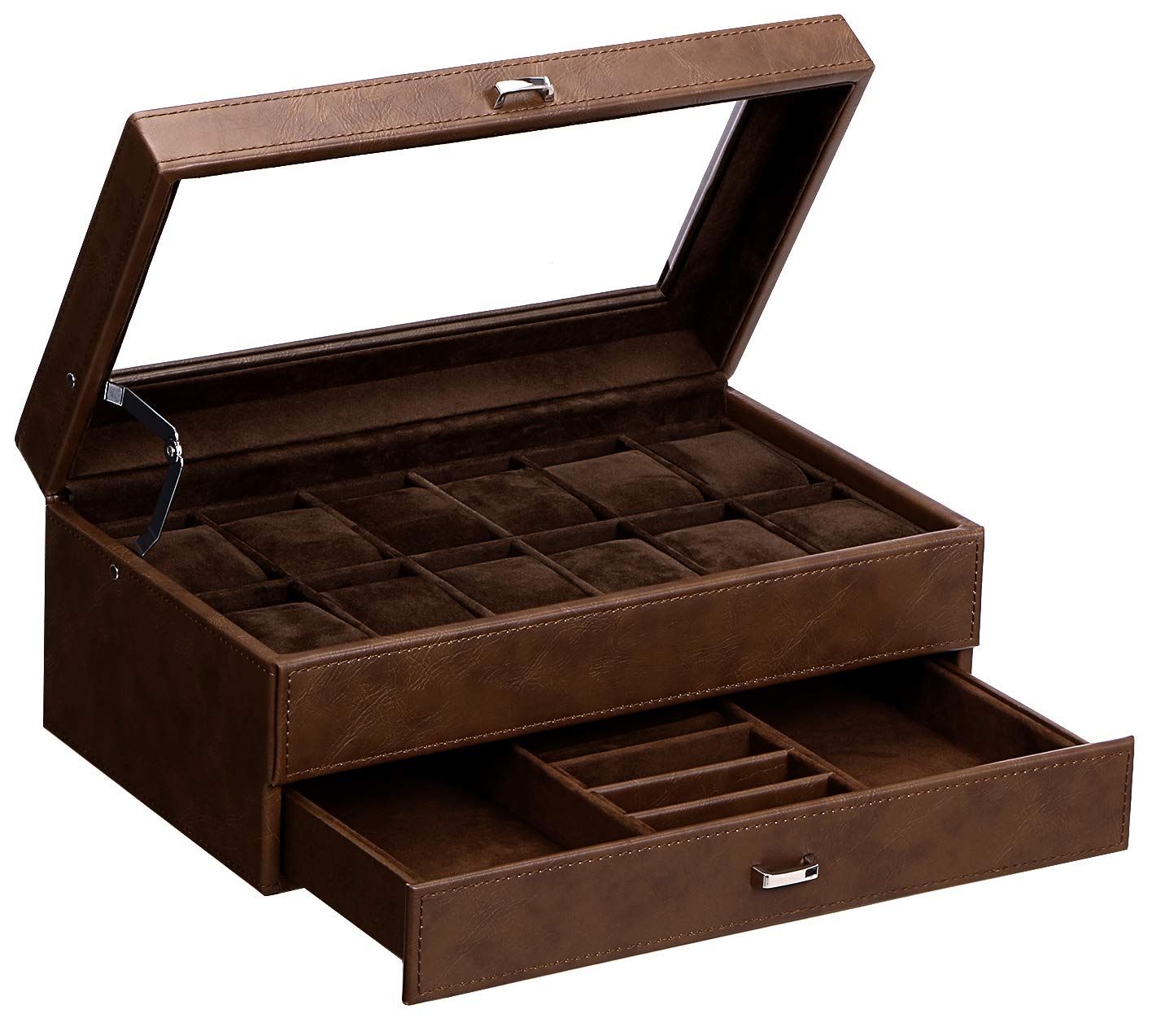 BEWISHOME Luxury Watch Box for Men - Faux Leather Watch Organizer with Jewelry Drawer, Real Glass Top & Metal Hinge - Brown SSH12Z | Perfect Watch Storage Case for Travel, Home Display & Gift Giving