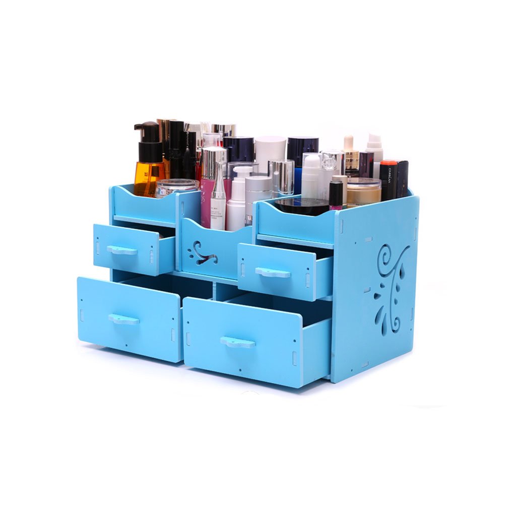 Desktop Cosmetics Storage Box Drawer Wooden Finishing Box Dresser Skin Care Products Shelves Home Organizer for Bathroom Vanity Bedroom Makeup (Color : Blue)