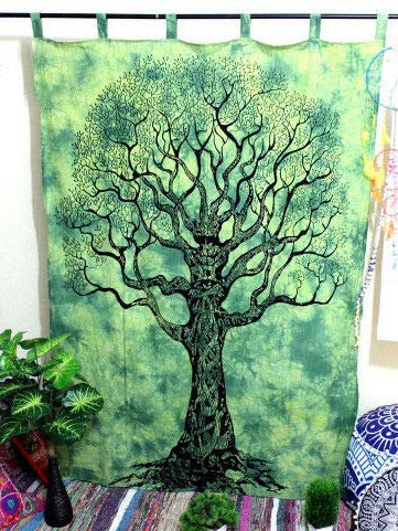 Handmade Mandala Curtain - Panther Green Tree of Life Tapestry for Window Treatment (82x54 Inch) - Perfect for Boho Bedroom Decor