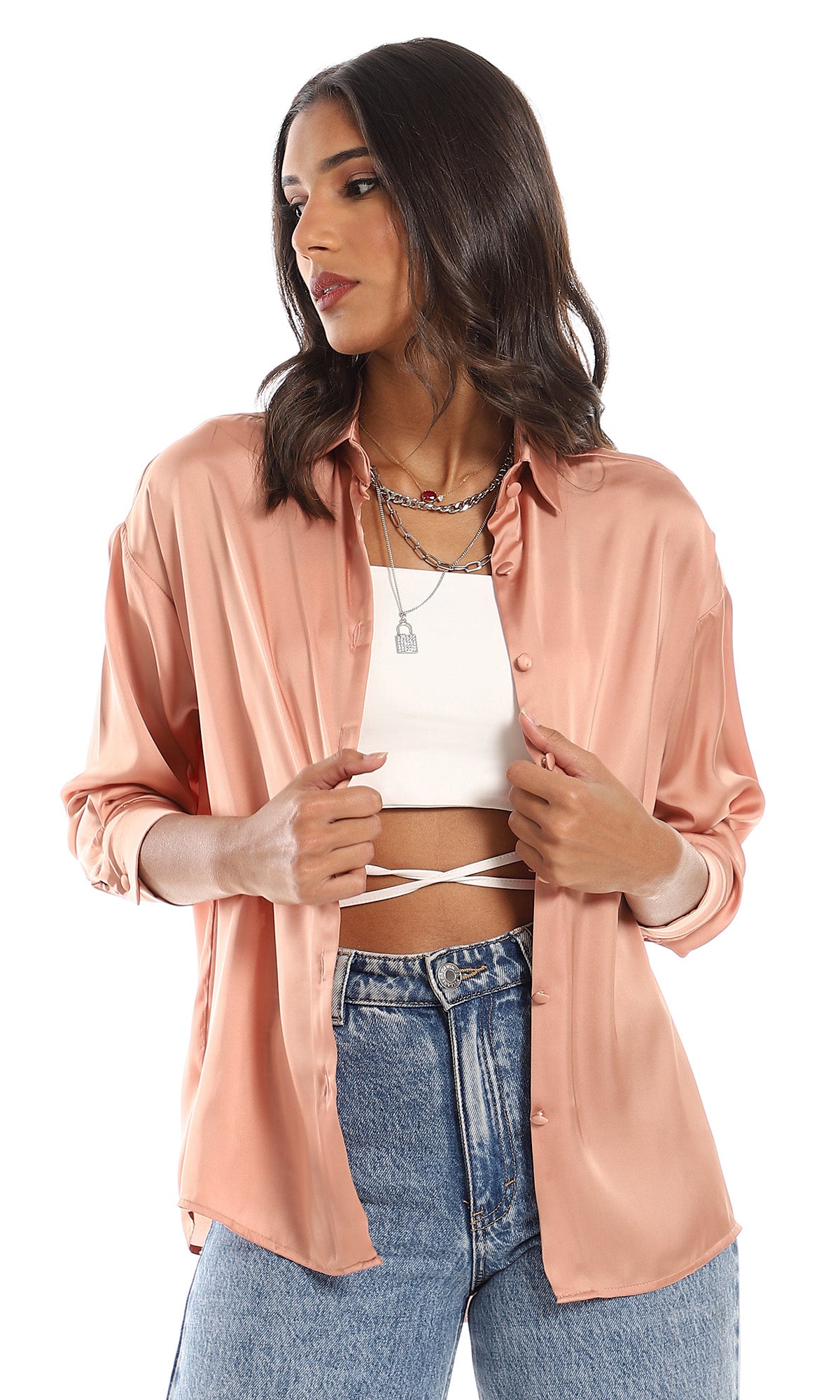 97295 Satin Classic Full Sleeve Shirt for Women - Dark Nude Color Elegant Blouse for Office Wear, Party & Special Occasions