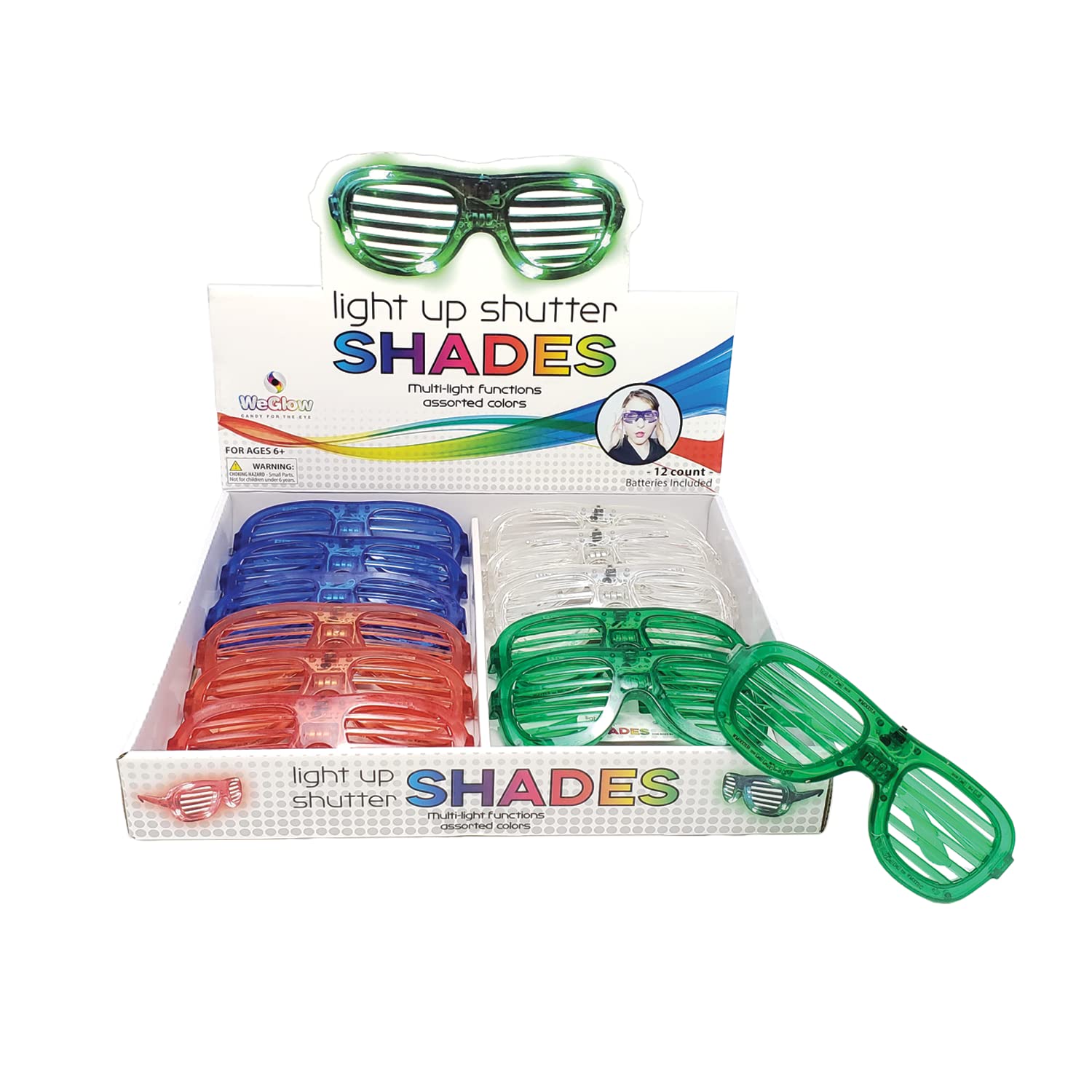 WeGlow LED Light Up Shutter Shades - 12 Pack with Batteries for Party, Rave, Festival, Carnival & Night Events | Cool Glow Glasses for Halloween, Concerts & Costume Parties
