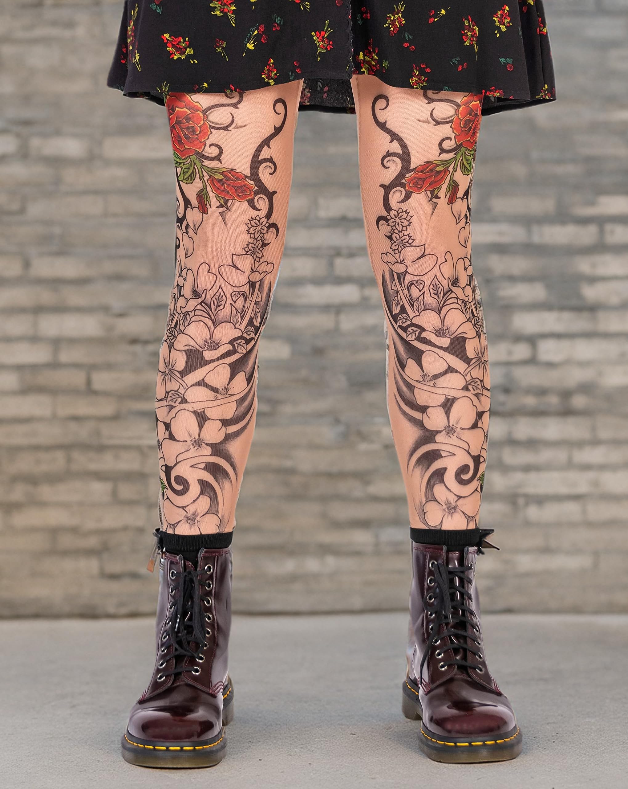 Wild Rose Flamenco Tattoo Mesh Leggings for Women - Red Rose Blackwork Design in Tan | Perfect for Dance, Yoga & Gothic Fashion