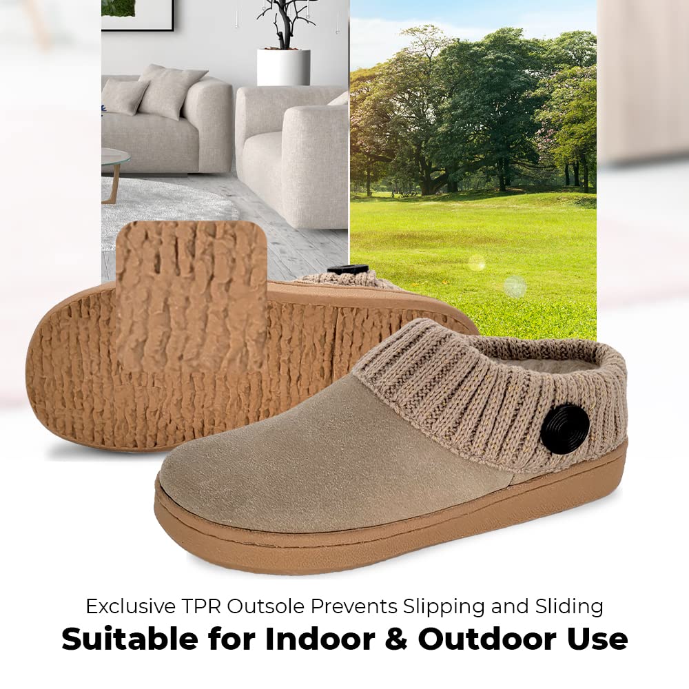 Clarks Women's Suede Leather Comfort Clogs with Knitted Collar & Plush Faux Fur Trim - Cozy Indoor Outdoor House Slippers for Women (Cinnamon/Brown, Size 9M) - Perfect for Lounging, Home Wear & Quick Outdoor Errands