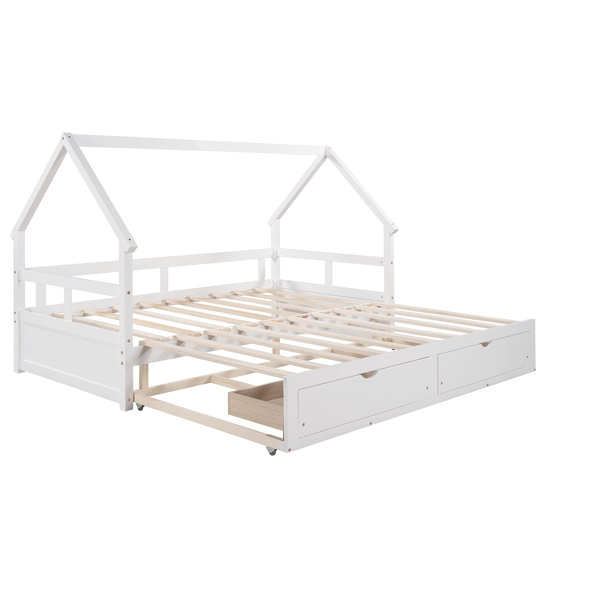 Wooden House-Shaped Daybed with Trundle & 2 Drawers - Kids & Teens Bed Frame with Roof - No Box Spring Needed - White - Perfect for Bedrooms, Playrooms & Sleepovers