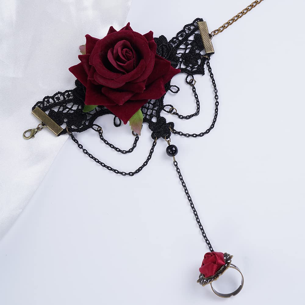 Elegant Black Lace Bracelet with Rose Ring - Floral Charm Bracelet for Women | Gothic Jewelry for Halloween Party, Date Night & Special Occasions