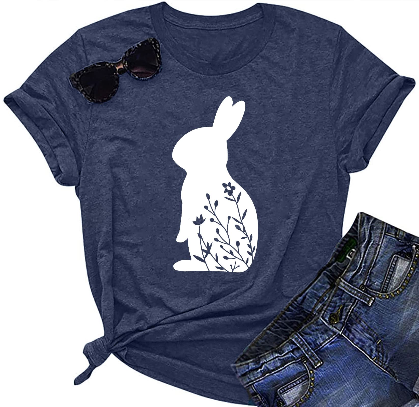 Easter Bunny T-Shirt for Women - Cute Floral Rabbit Graphic Tee Casual Short Sleeve Top | Spring Holiday Party, Family Gathering, Easter Sunday Outfit