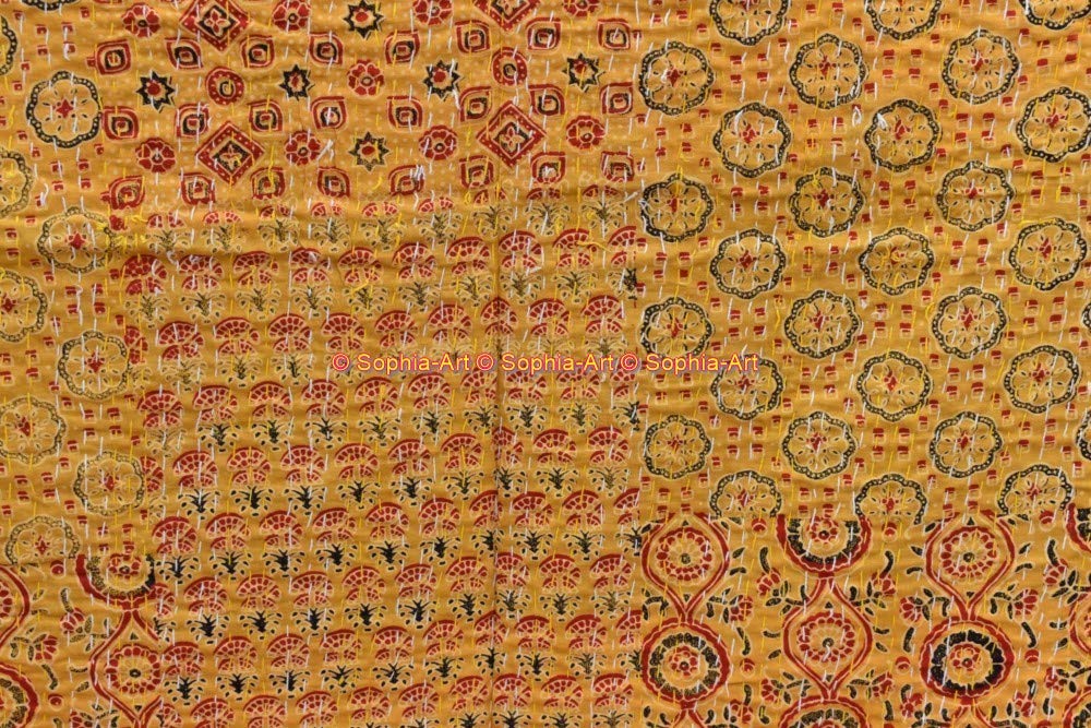 Sophia Art Queen Size Hand Block Print Kantha Quilt 90x108 Inch - Ajrakh Bedspread with Vegetable Dye | Indigo Print Cotton Blanket (Yellow Patch) for Bedroom Decor, Boho Chic Home, Guest Room & Cozy Throw