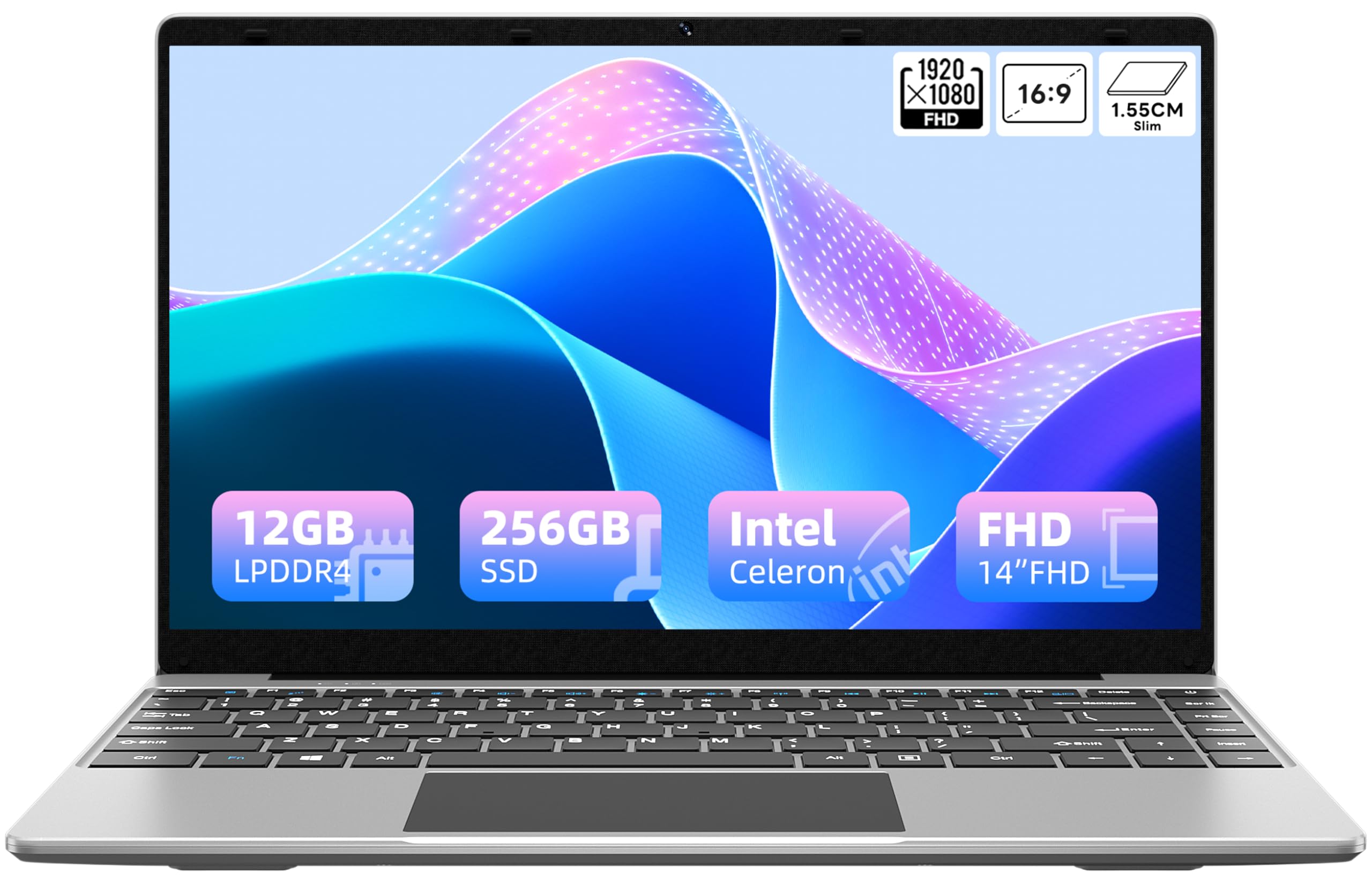 12GB LPDDR4 256GB SSD 14-inch Laptop Computer with FHD 1920x1080 Display, Intel Quad Core Celeron CPU, 35.52WH Battery, Dual-Band WiFi, Bluetooth 4.0 - Portable Lightweight Notebook for Work, Study & Entertainment
