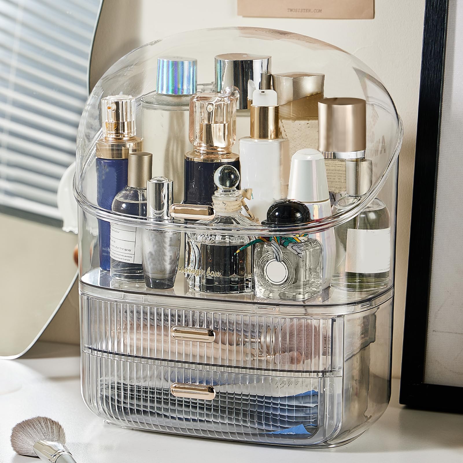 Clear Makeup Organizer with Transparent Cover & 2 Drawers - Cosmetic Storage Box for Lipstick, Brushes, Lotion | Vanity Countertop Organizer for Skin Care & Beauty Products | Perfect for Bedroom, Bathroom & Travel