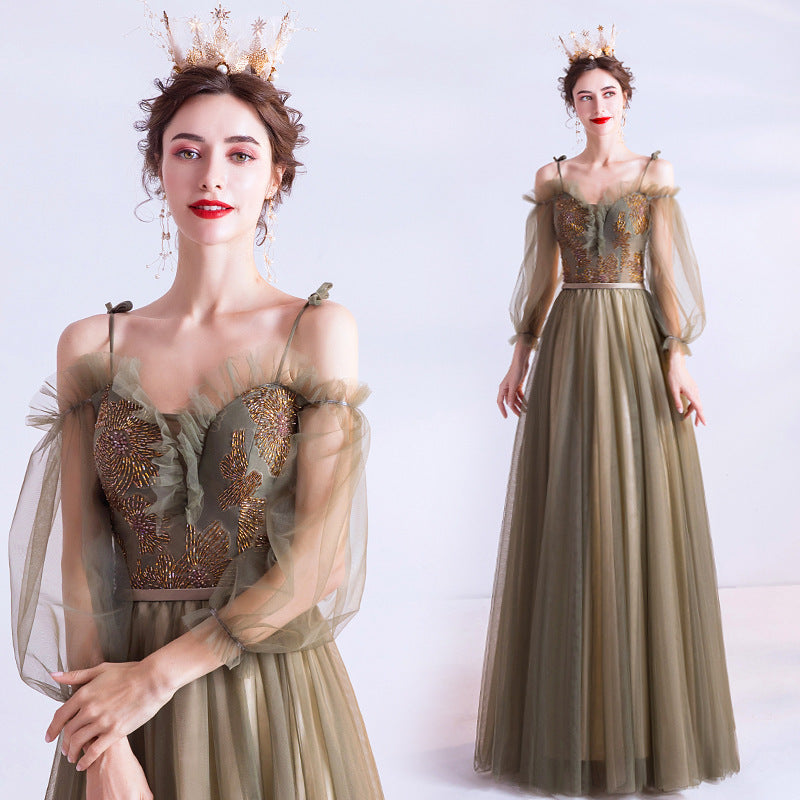 Elegant Long Green Tulle Prom Dress A-Line Evening Gown with Long Sleeves | Formal Dance, Homecoming, Wedding Guest Dress | Size 161