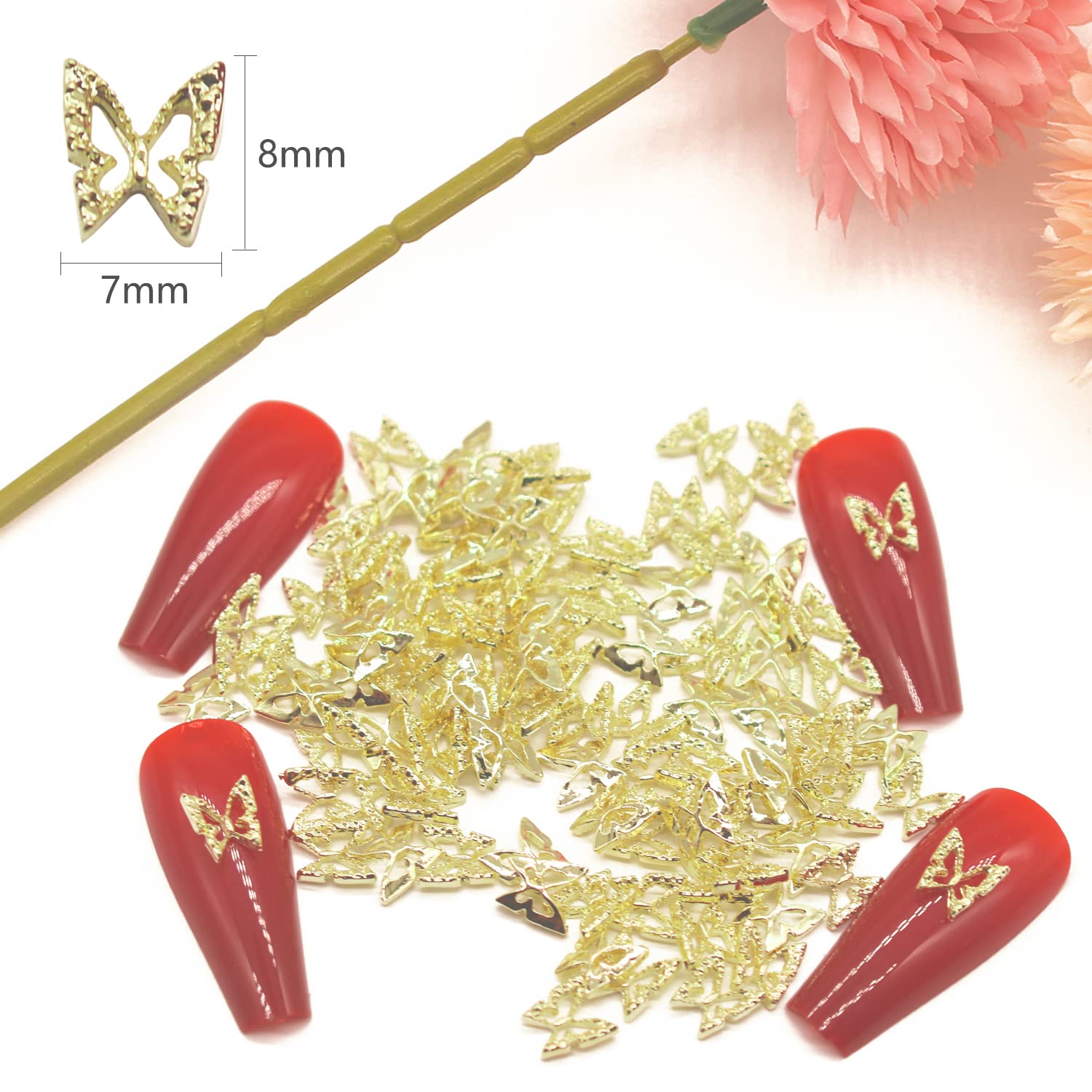 WOKOTO 100pcs Gold 3D Butterfly Nail Charms - Metal Nail Accessories for Acrylic Nails, DIY Nail Art Decorations - Perfect for Bridal, Party & Salon Nail Designs