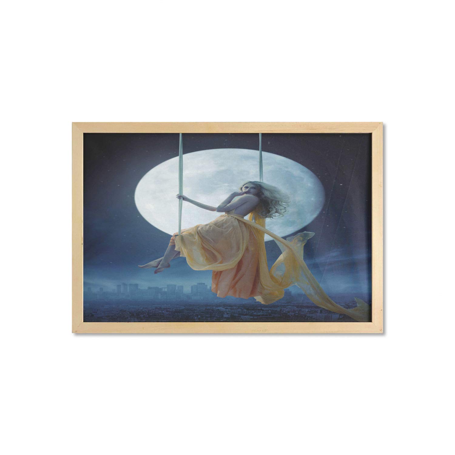 Ambesonne Moon Wall Art with Frame - Yellow Haired Woman on Swing Under Moon & Cityscape Print - 35