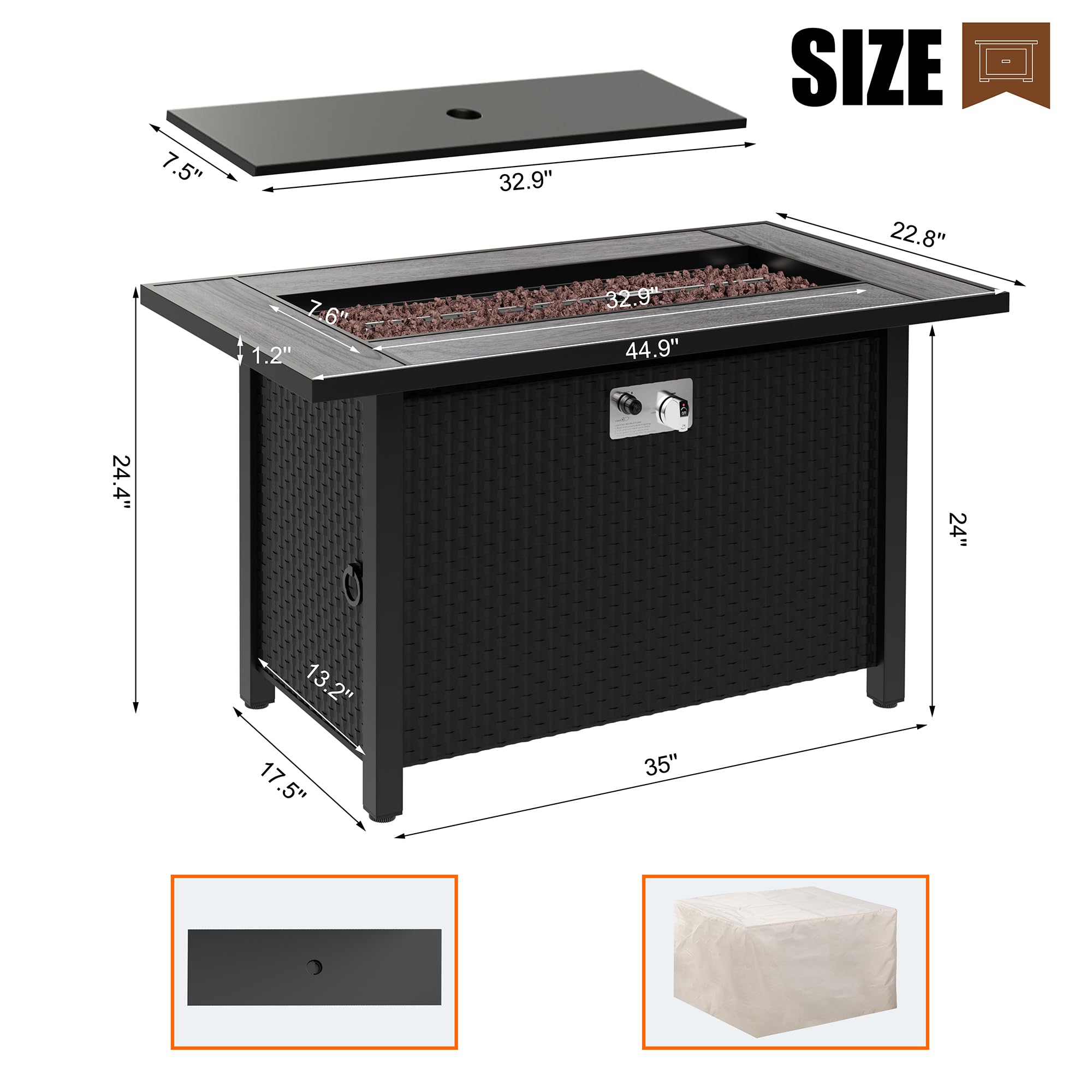 Walsunny 45 Inch CSA Certified Outdoor Propane Fire Pit Table - 50,000 BTU Rectangle Gas Firepit with Lid, Lava Rocks & Waterproof Cover for Patio, Garden, Backyard & Poolside Gatherings