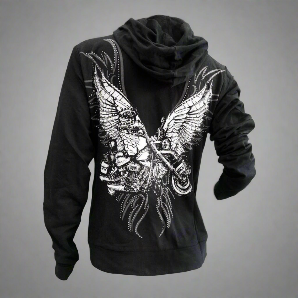 Stylish Women's Rhinestone Motorcycle Wing Hoodie - Edgy Biker Jacket for Casual Wear & Motorcycle Riding