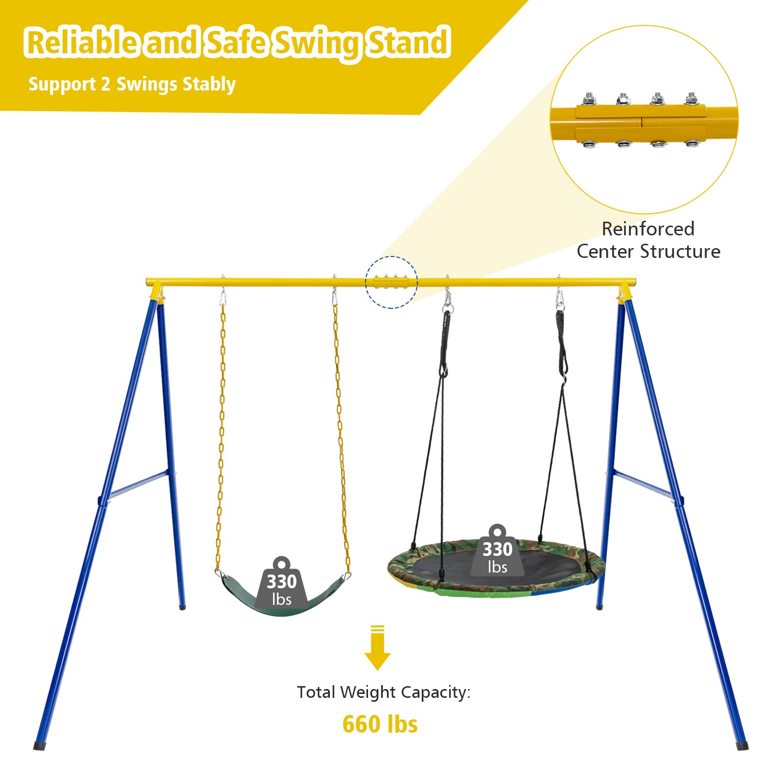 Costzon 660lbs Heavy Duty Metal Swing Set for Backyard - 2 Seats with Adjustable Ropes & Ground Stakes | Outdoor Kids Playground Equipment for Gardens, Parks & Backyards