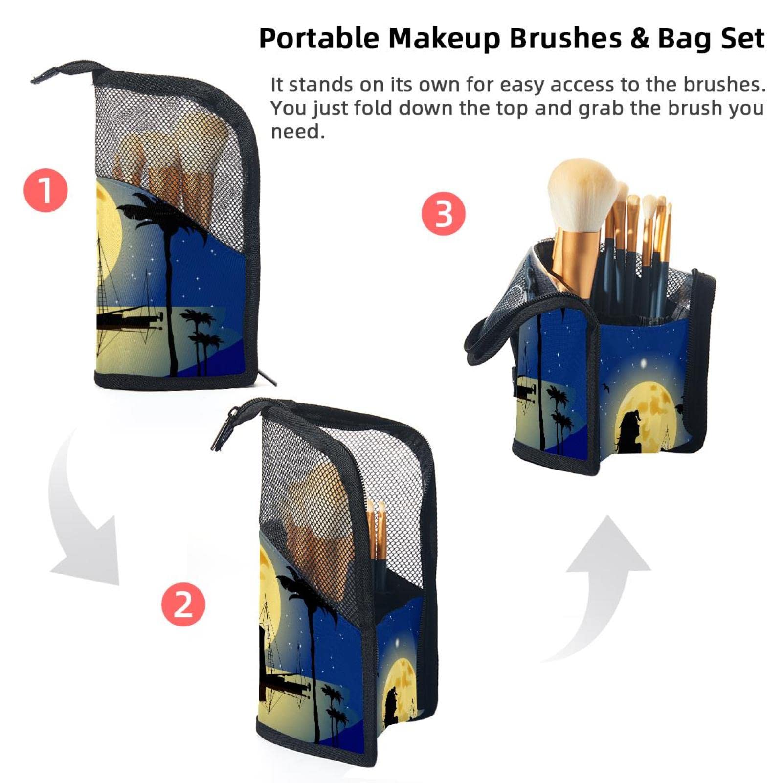 12-Piece Makeup Brush Organizer Bag with Mermaid & Moon Boat Design - Portable Cosmetic Brush Holder Case for Travel, Home, and Professional Use
