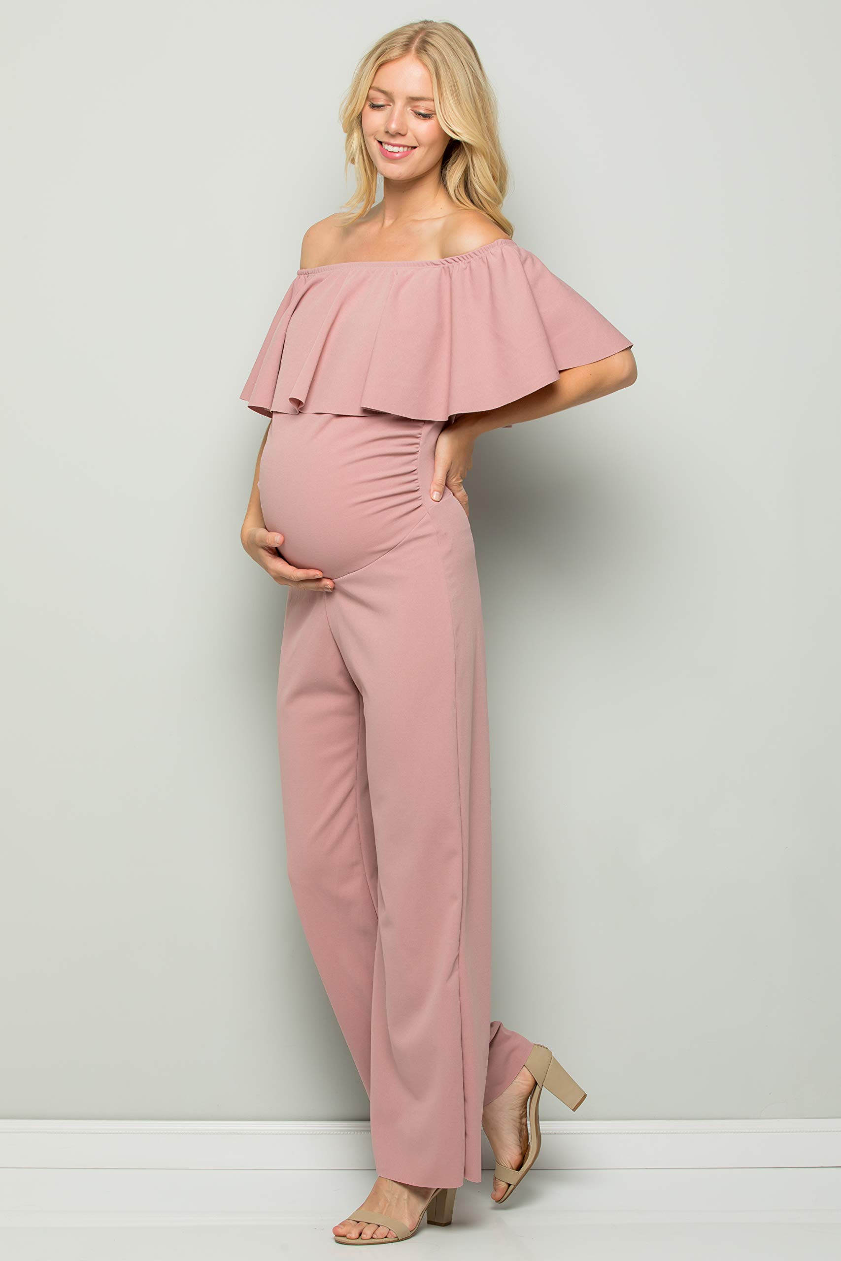 My Bump Maternity Ruffle Off Shoulder Jumpsuit - Made in USA | Stylish Pregnancy Outfit for Baby Showers, Maternity Photos & Special Occasions