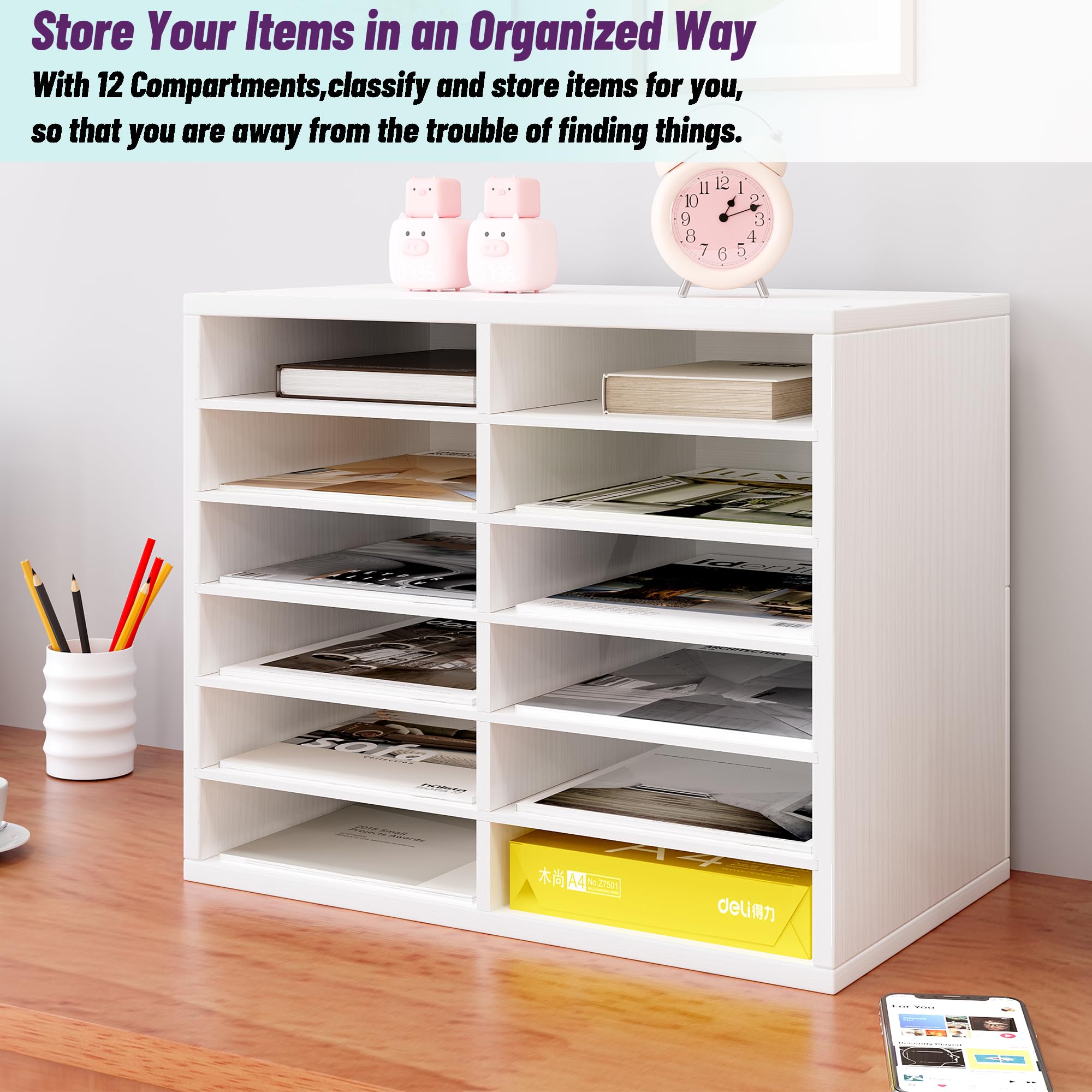 12-Drawer Wooden Desk Organizer with Adjustable Shelves - Office File Storage, Wrapping Paper Organizer & Document Holder for Home, Classroom or Workspace - White (Perfect for Decluttering Desks, Organizing Supplies & Storing Important Files)
