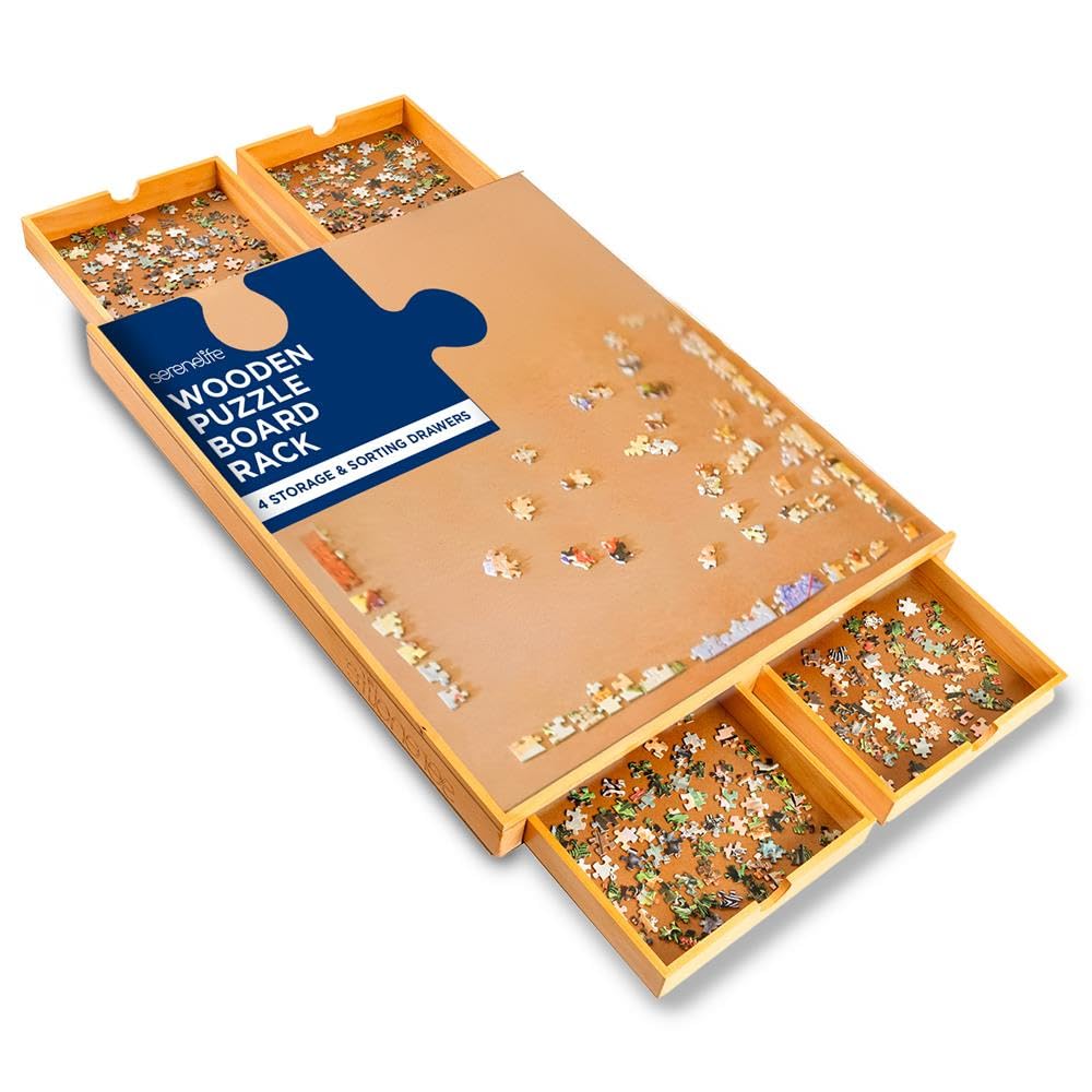 SereneLife 1500-Piece Portable Jigsaw Puzzle Board with 4 Storage Drawers | Detachable Puzzle Keeper & Non-Slip Surface | Wooden Puzzle Table for Adults & Family Game Night | Perfect for Travel, Home Decor & Relaxation Activities