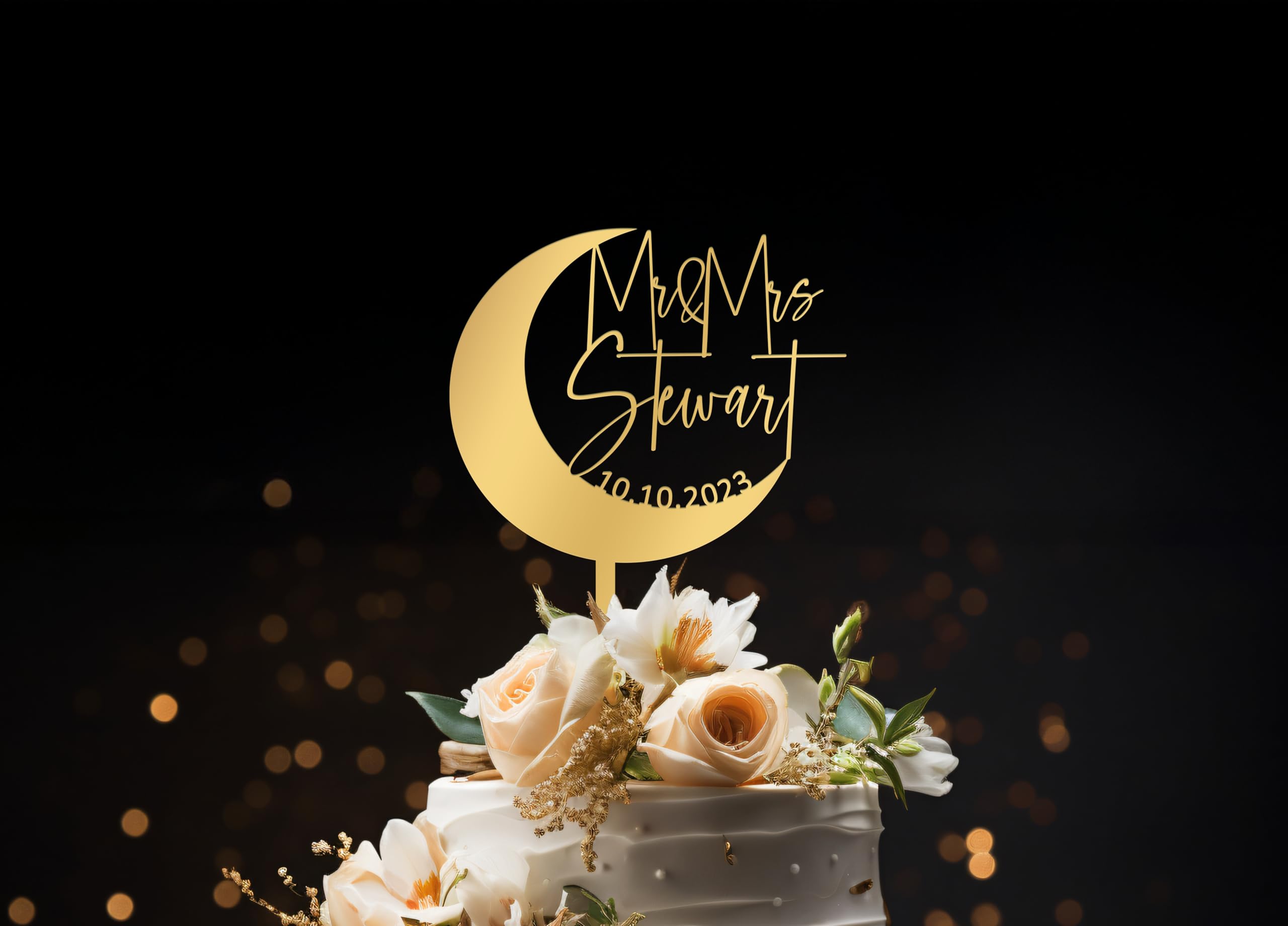 Custom Crescent Moon Wedding Cake Topper - Personalized Celestial Cake Decor with Names & Date - Elegant Country Wedding Cake Topper for Rustic, Boho & Celestial Themed Weddings