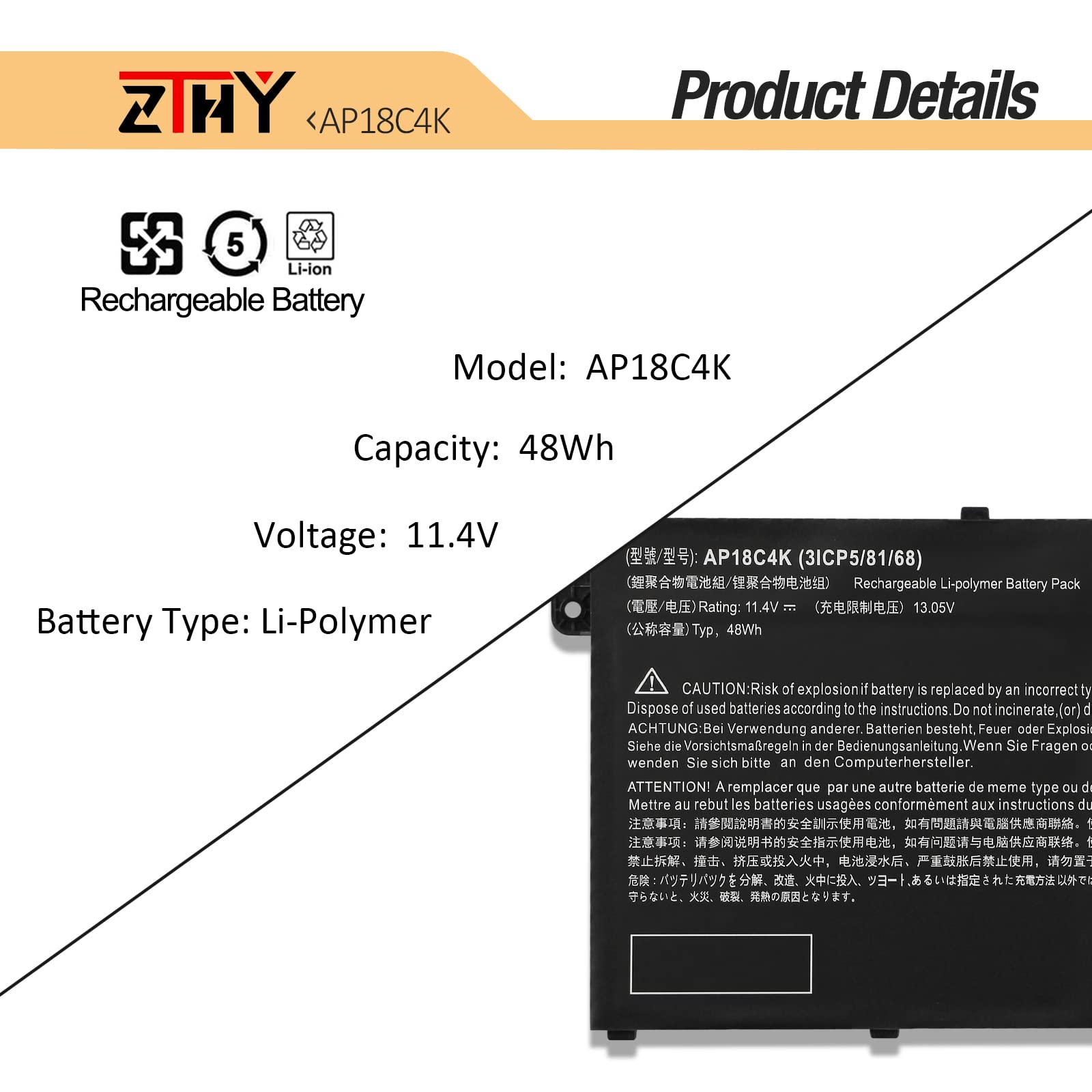 AP18C4K Replacement Battery for Acer Aspire 5, Spin 3 & Spin 713 Laptops - 48Wh High-Performance Laptop Battery Compatible with A515-43/44/44G, A514-52/52G, SP314-54N/54XS, CP713-2W Models - Perfect for Work, Travel & School Use