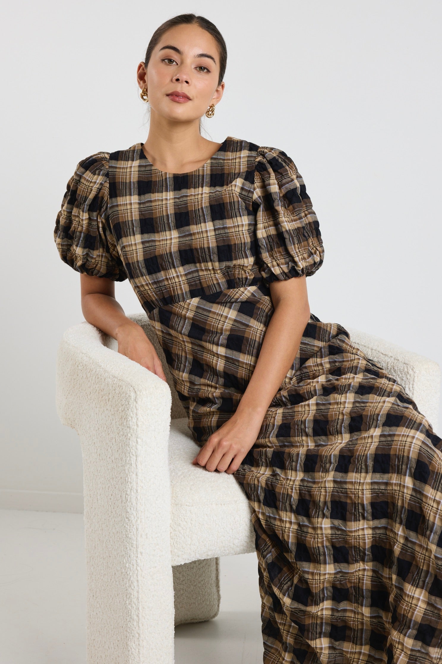 Encore Caramel Check SS Bias Maxi Dress - Flowy Summer Dress for Women, Elegant A-Line Long Dress with Side Slit, Perfect for Beach, Vacation, and Casual Outings