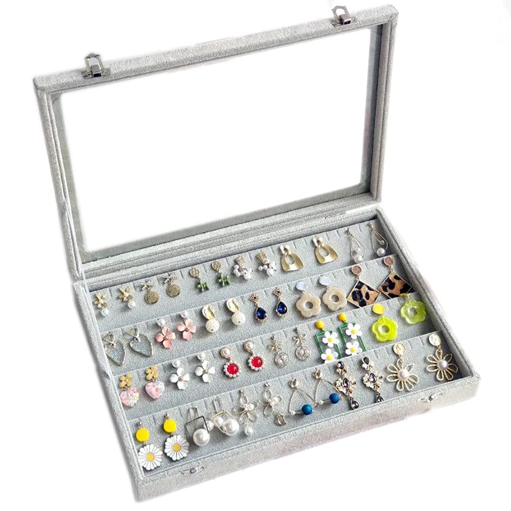 HongYunLA Velvet Jewelry Organizer Box - Clear Lid Earring Storage Case Holds 40 Pairs, Stackable Stud Tray Display for Earrings, Necklaces & Rings | Perfect for Bedroom Dresser, Travel & Gift Packaging