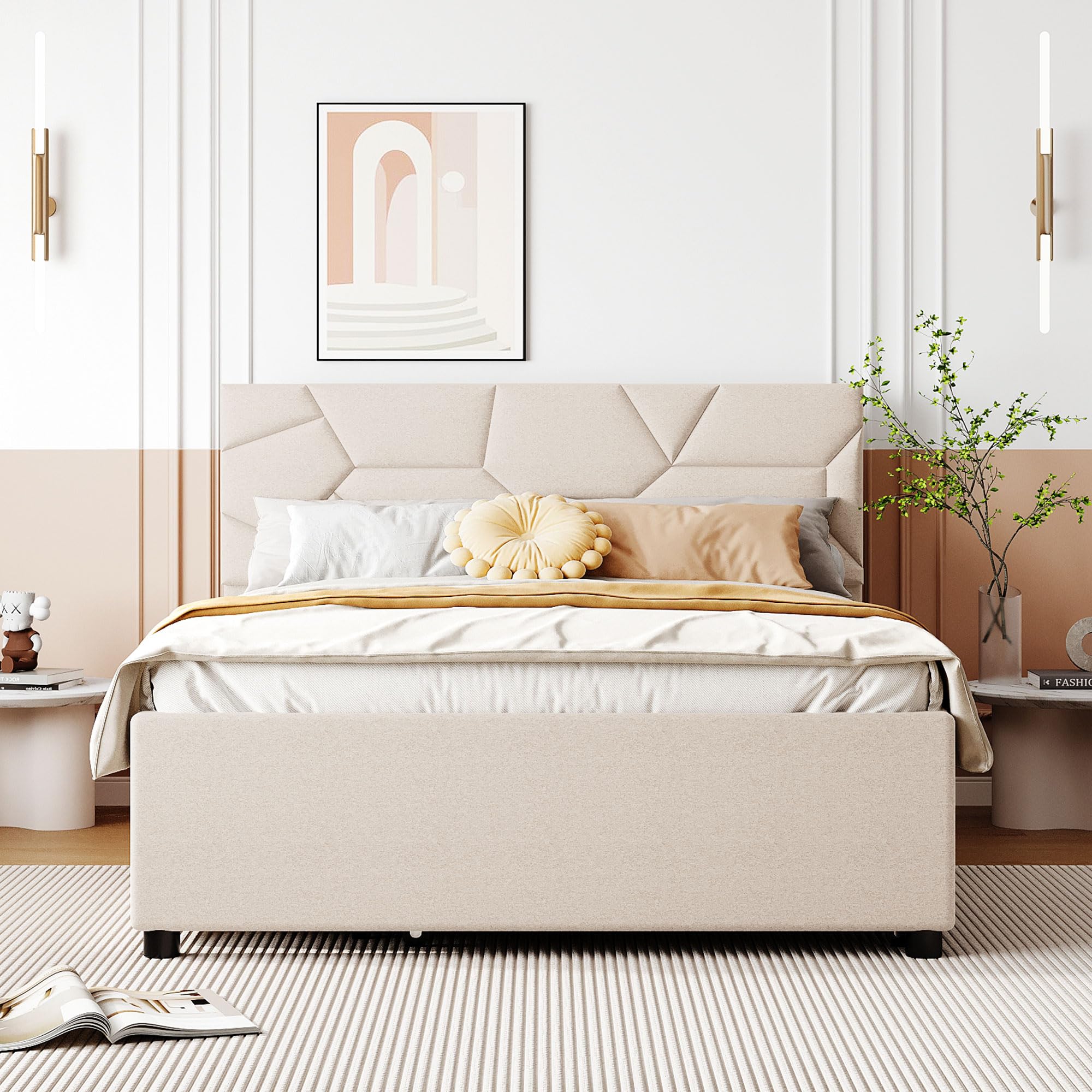 Full Size Linen Upholstered Platform Bed with Twin Trundle & 2 Drawers - Brick Pattern Headboard, Wooden Slats Support - Beige Bed Frame for Teens & Kids | Perfect for Small Bedrooms, Guest Rooms & Space-Saving Solutions