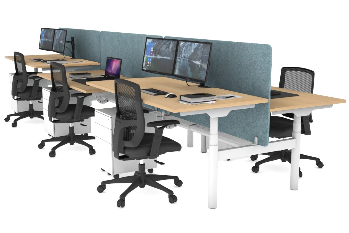 Flexi Premium Height Adjustable 6-Person H Bench Workstation - White Frame [1600L x 800W with Cable Management] - Ideal for Office, Coworking Spaces & Collaborative Work Environments