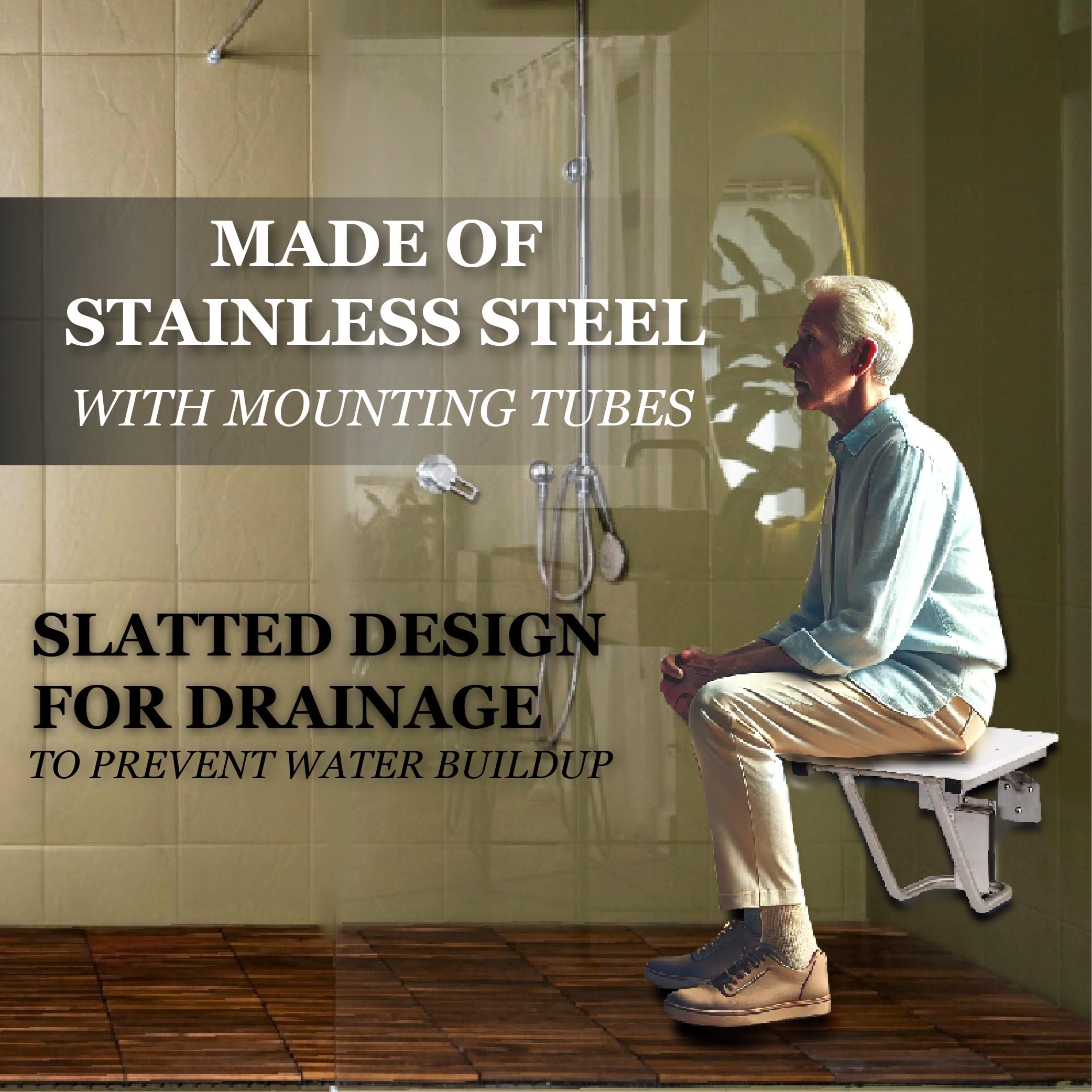 Foldable Shower Chair for Elderly & Disabled - ADA Compliant Wall Mounted Shower Seat with 400 lb Weight Capacity - High Density Polymer & 304 Stainless Steel Bath Chair (28