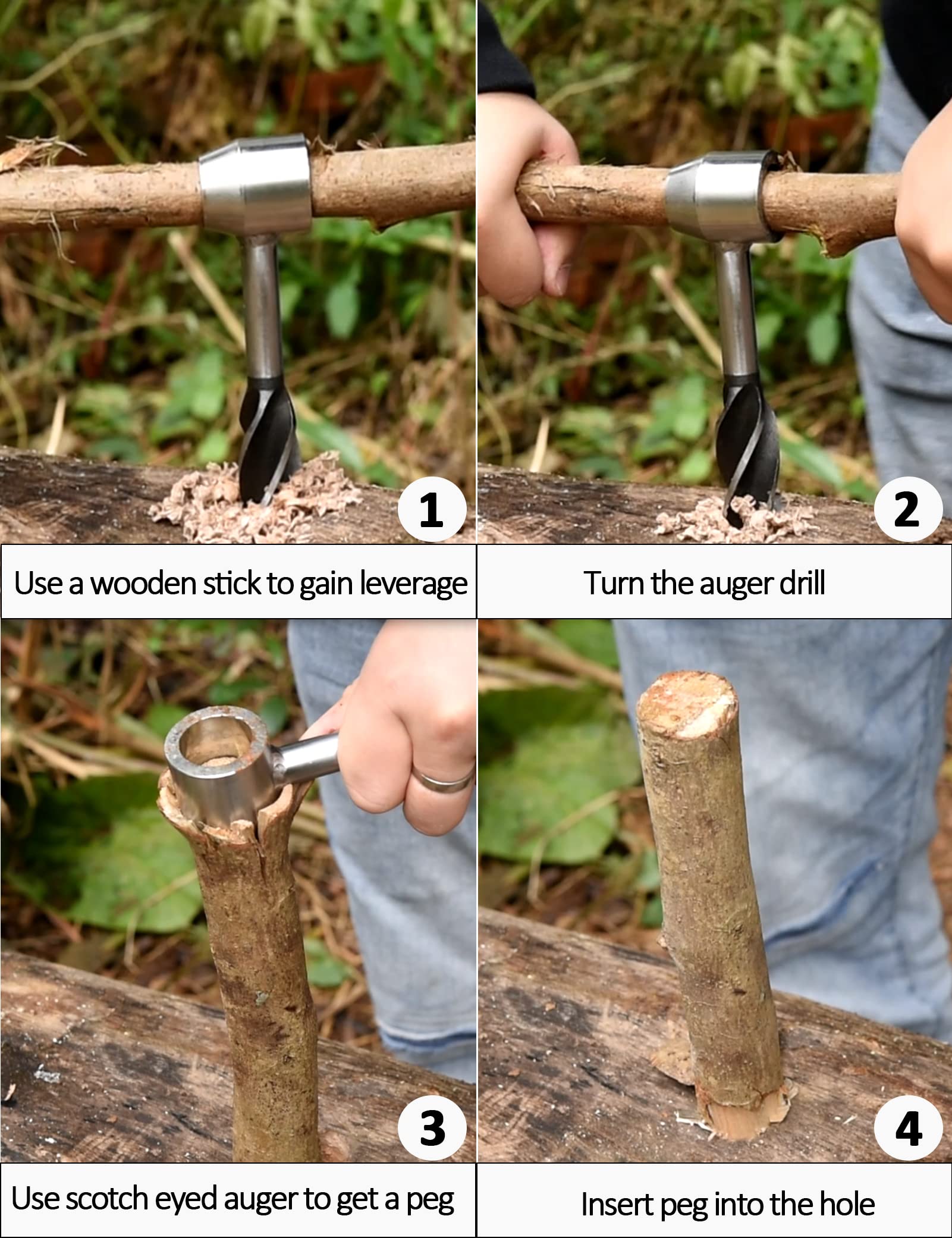 Bushcraft Survival Hand Auger Tool - Scotch Eye Wood Drill for Outdoor Camping, Shelter Building, BBQ Grill & Bench Making | Includes Leather Pouch & Hook | Perfect for Wilderness Survival, Backpacking & DIY Woodworking Projects