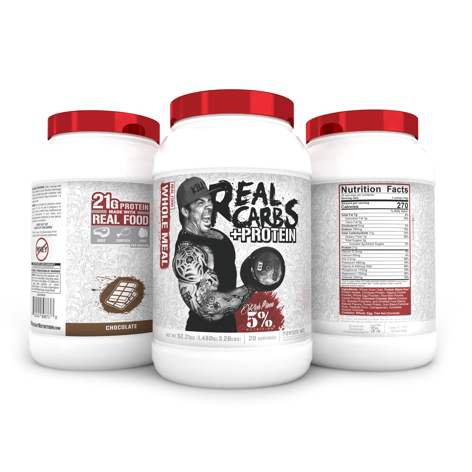 5% Nutrition Rich Piana Real Carbs + Protein Powder | 3.2 lb Chocolate Mass Gainer for Muscle Growth & Recovery | Pre & Post Workout Supplement | Gym, Bodybuilding & Fitness Nutrition | 20 Servings