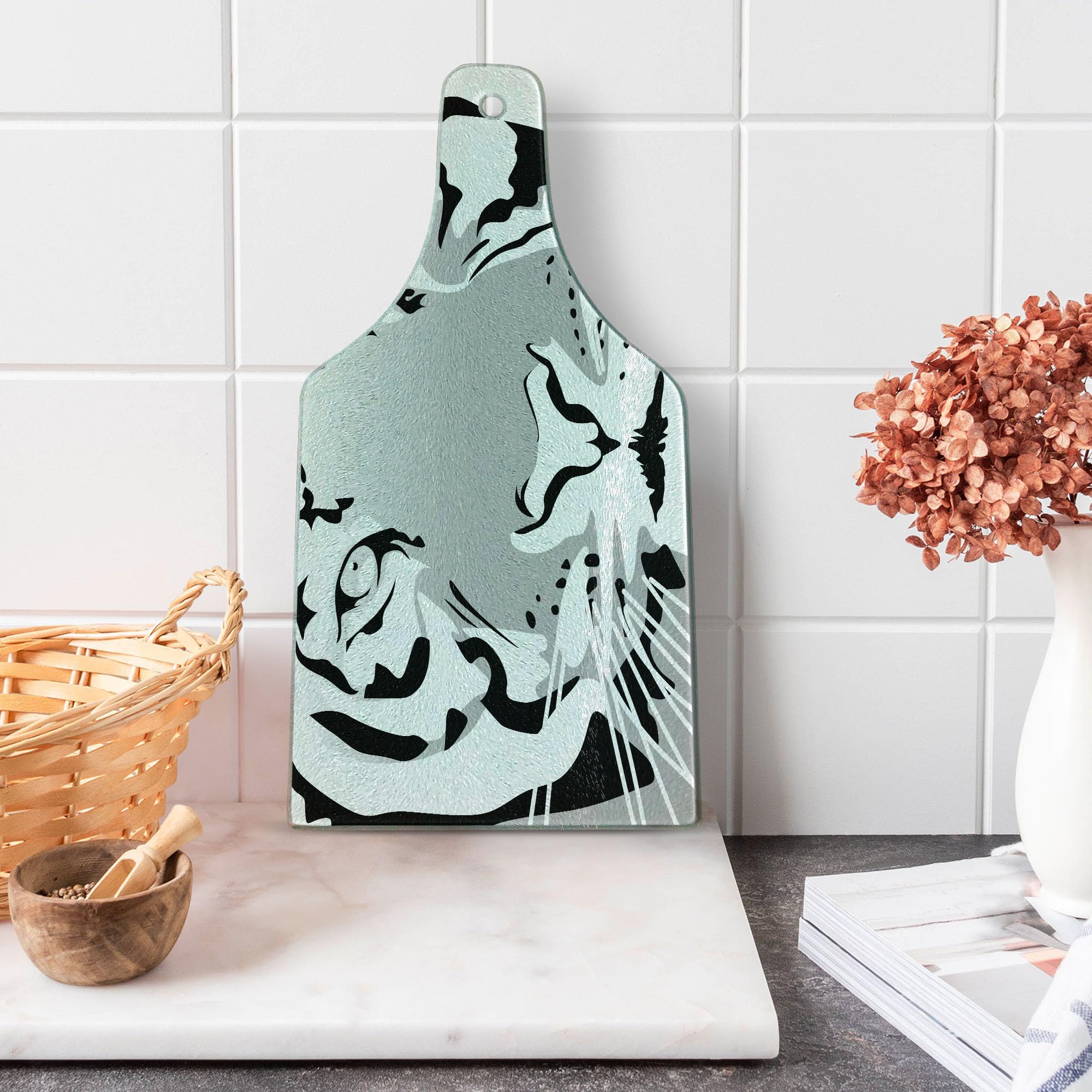 Lunarable Tiger Portrait Tempered Glass Cutting Board - Savannah Wildlife Big Cat Art, Decorative Serving Board for Kitchen & Bar, Wine Bottle Shape in Black White Grey - Perfect for Entertaining, Cheese Platters & Wine Pairings