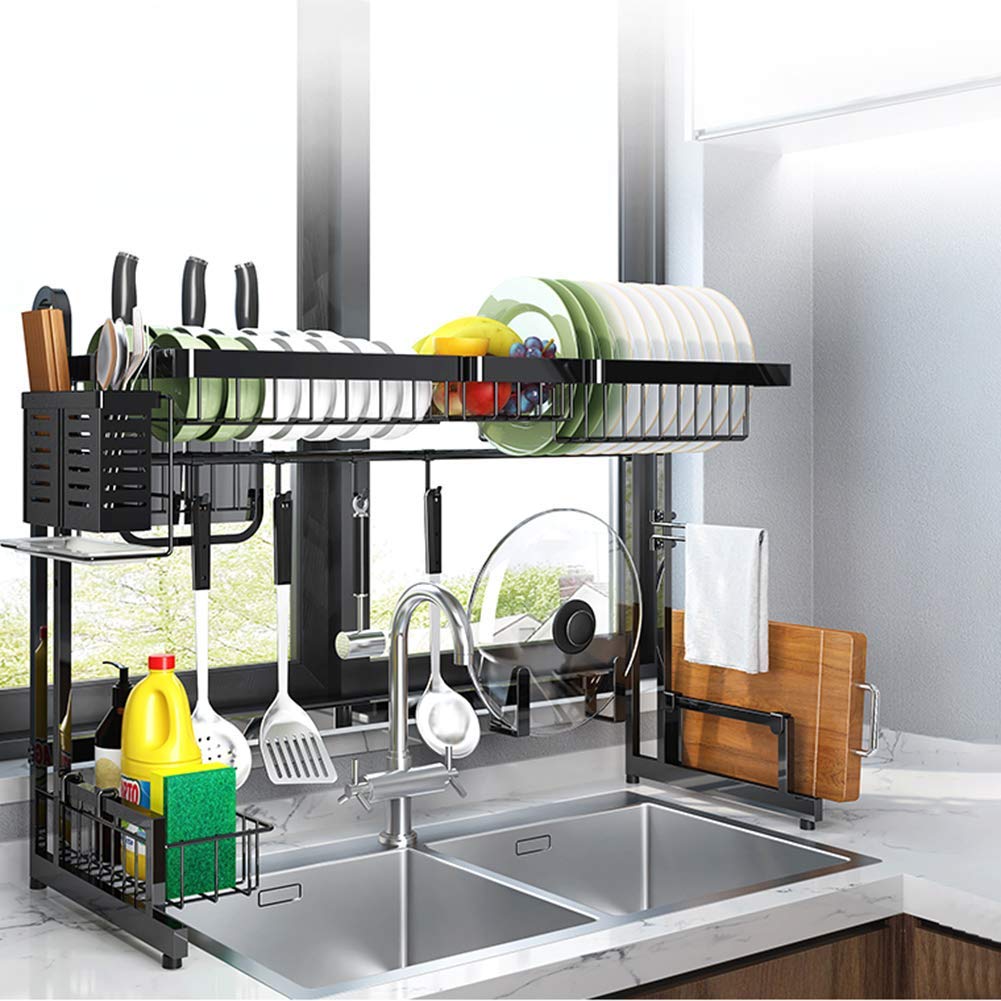 Stainless Steel Over Sink Dish Drying Rack - 37 Inch Large Black Dish Drainer with Utensil Holder Hooks | Sturdy Single Tier Storage Shelf for Kitchen Countertop | Perfect for Small Spaces & Apartment Living