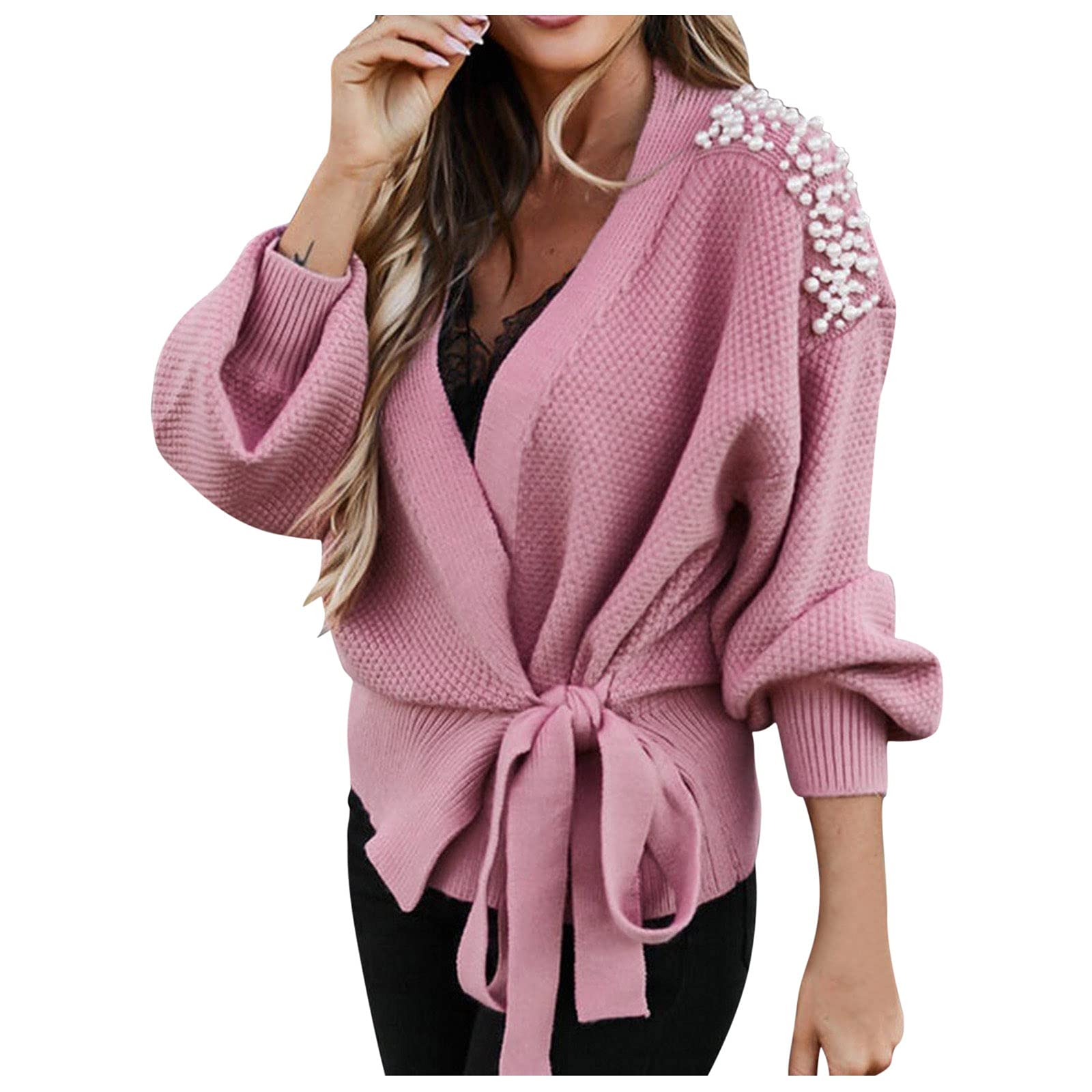 Women's Long Sleeve V-Neck Knit Cardigan with Bowknot & Pearl Details - Elegant Pure Waist Sweater for Office, Date Night & Fall Layering