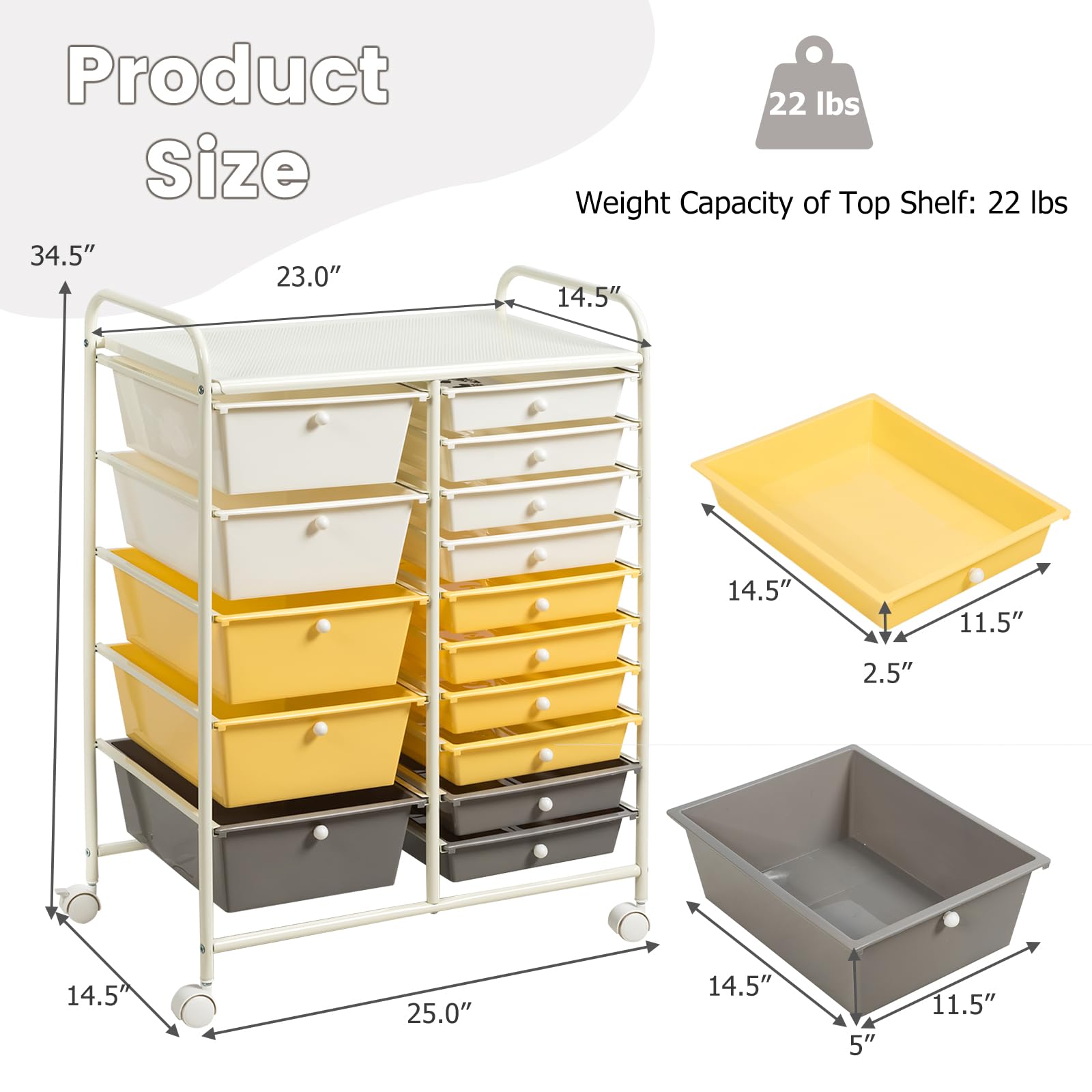 15-Drawer Rolling Cart Organizer with Lockable Wheels - 2-Sized Removable Storage Drawers for Art Supplies, Crafts, Files & Scrapbooking - Perfect for School, Home & Office Organization (Yellow)