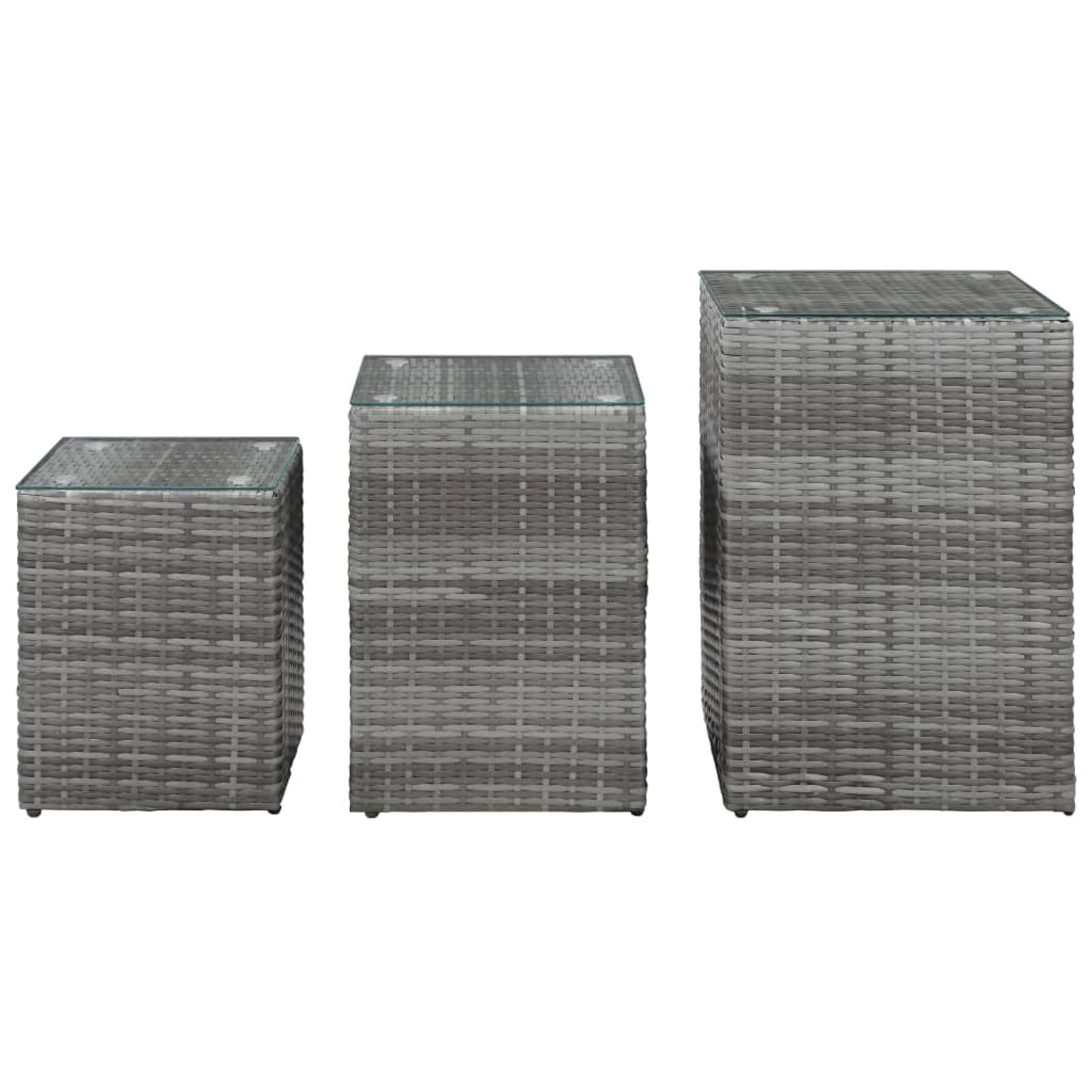 3-Piece Gray Poly Rattan Side Tables with Glass Tops - Modern Desk & Standing Tables for Living Room, Bedroom, or Patio Decor