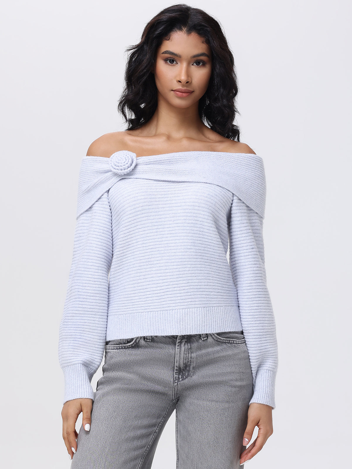 Elizabeth Off The Shoulder Rosette Sweater - Women's Elegant Knit Pullover for Date Night & Fall Fashion
