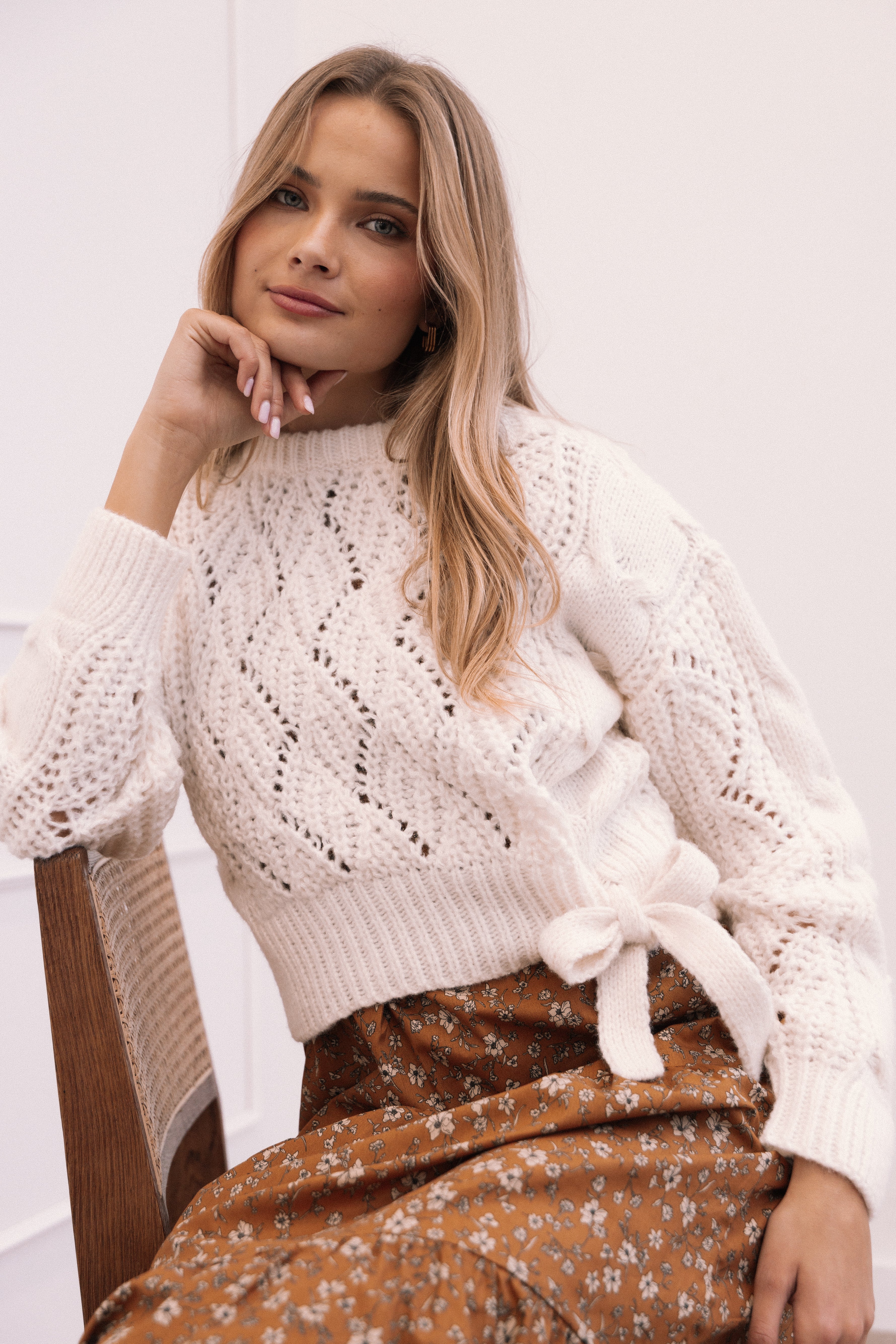 Birdie Tie Side Knit Sweater for Women - Soft Cream Pullover with Side Tie Detail - Perfect for Casual Outings, Coffee Dates & Fall Layering