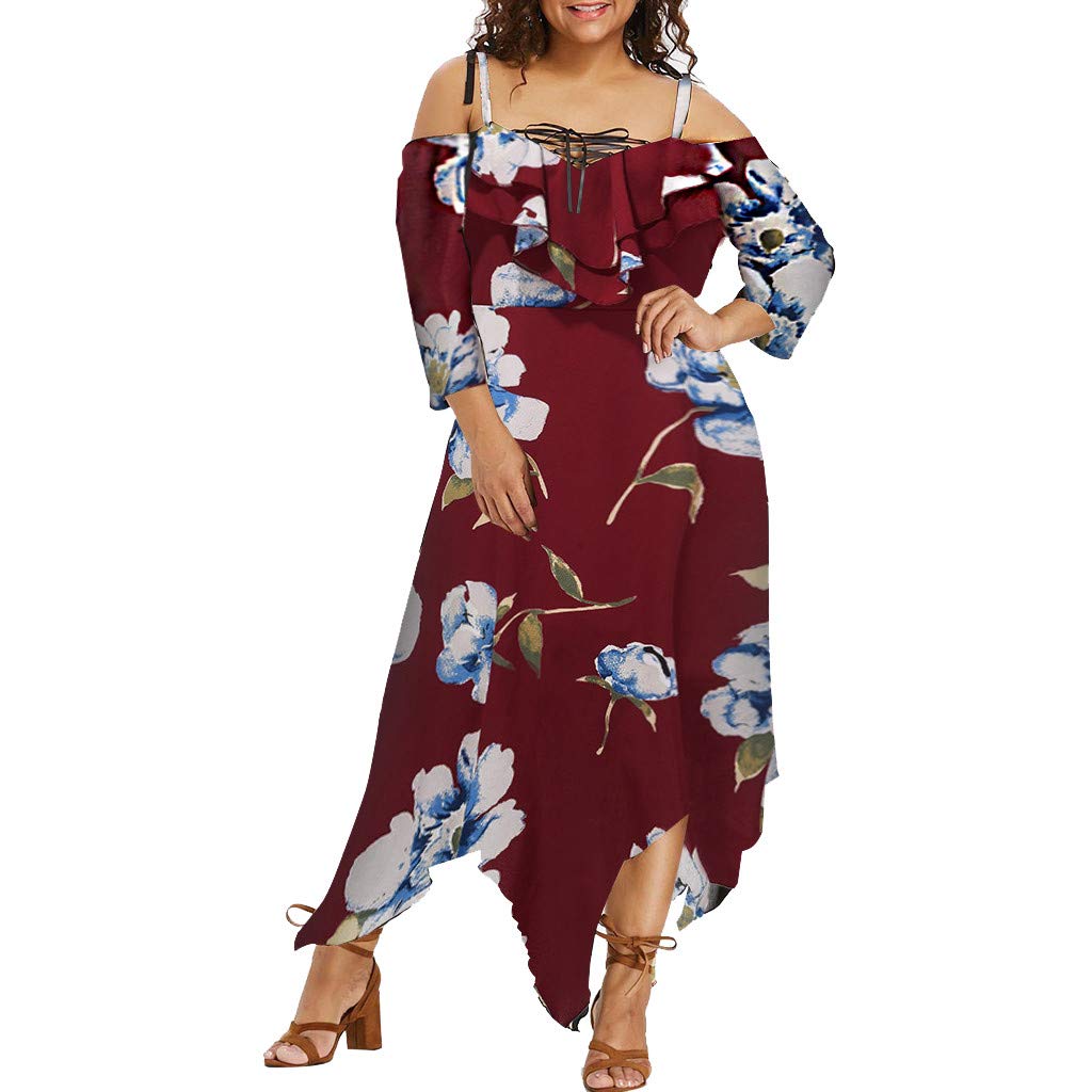 Plus Size Straps Swing Dress for Women - Floral Print Irregular Hem Party & Casual Sleeveless One-Shoulder Dress | Perfect for Cocktail Parties, Date Nights & Summer Vacations