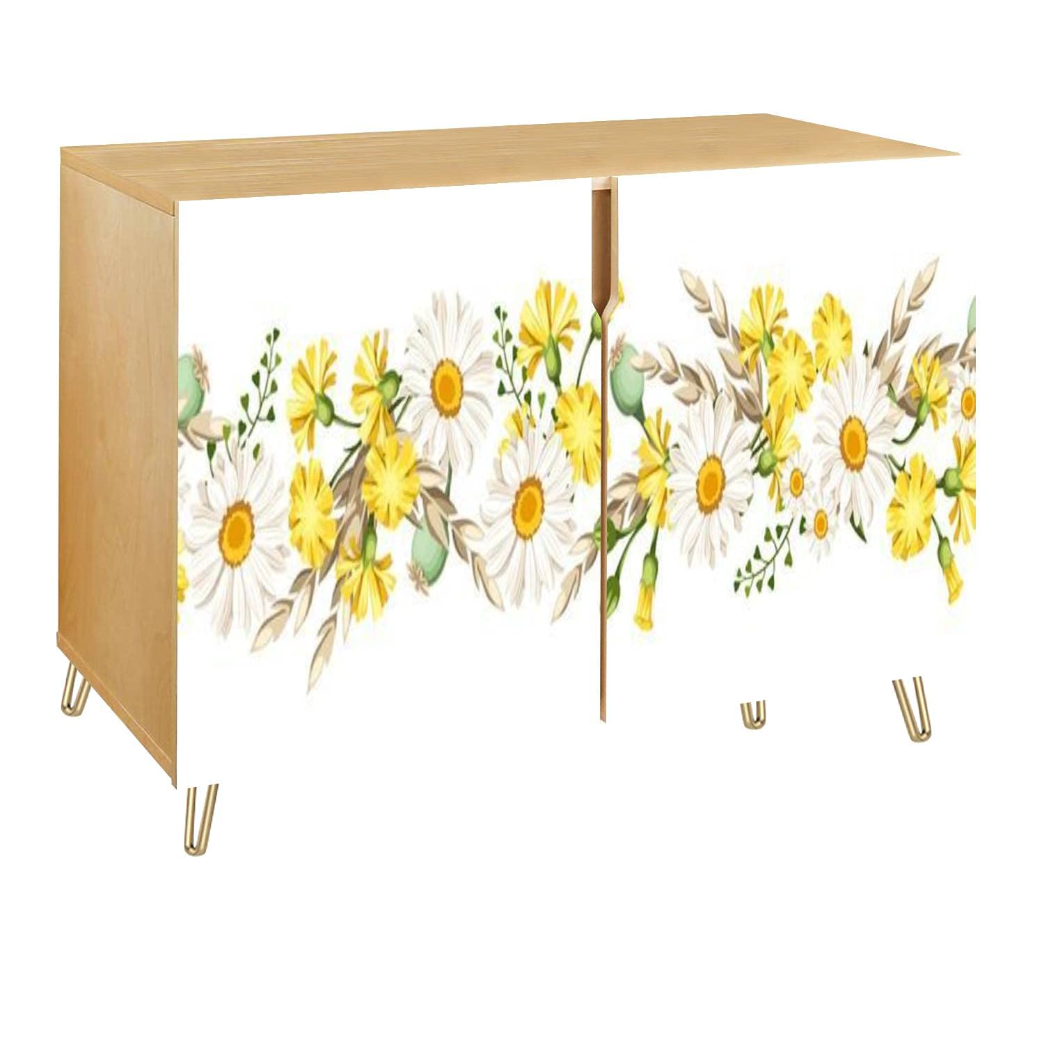 White Daisies & Yellow Wildflowers Horizontal Seamless Border Wooden Accent Cabinet - 2 Door Storage Table, Bar Cabinet, TV Stand for Kitchen, Living Room, Hallway | Entryway Sideboard for Home Decor & Organization