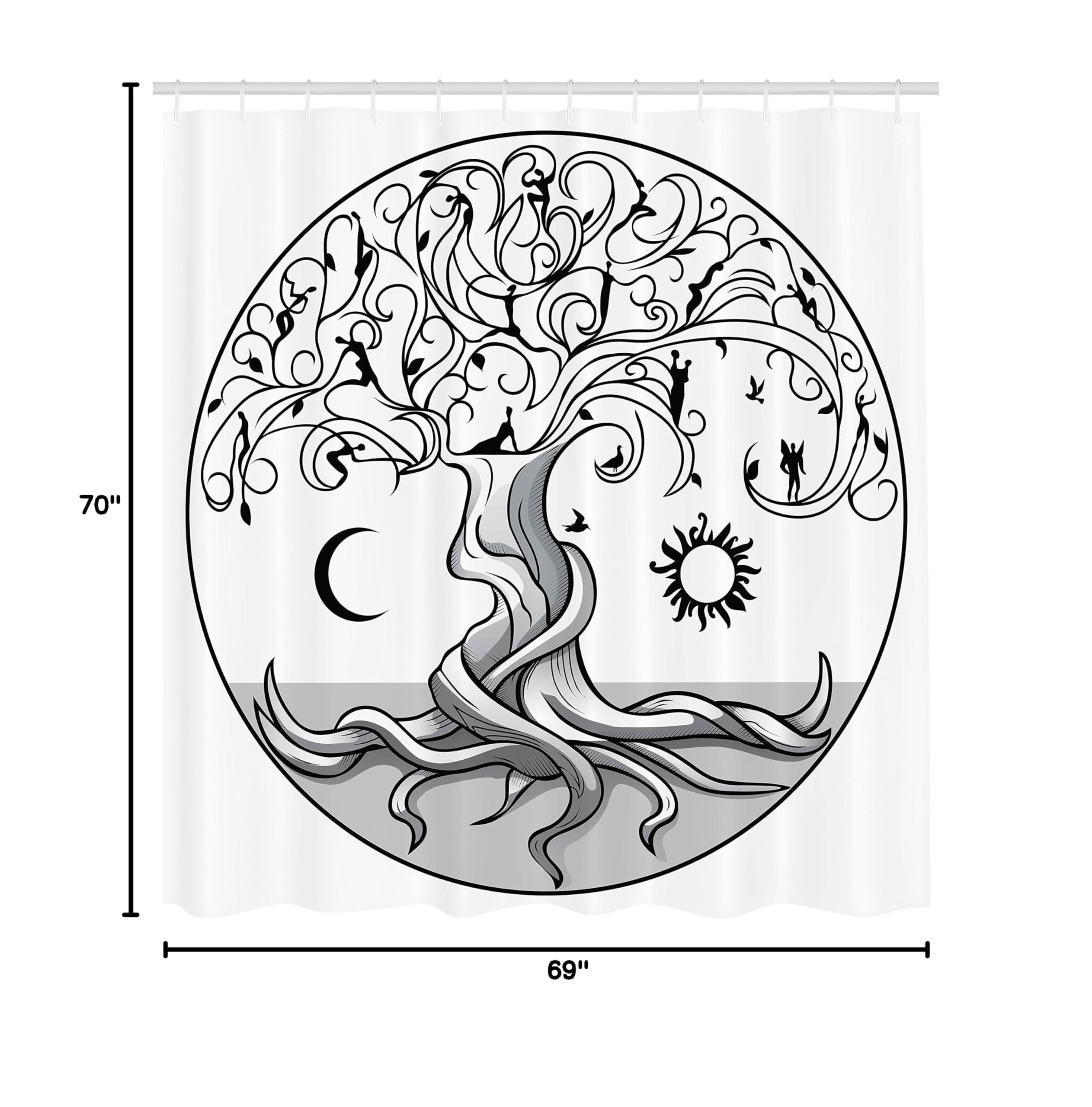 Lunarable Sun and Moon Shower Curtain - Tree of Life with Swirling Branches & Angels, 69x70 Inch Black White Grey Bathroom Decor Set with Hooks | Waterproof Fabric for Modern, Bohemian & Gothic Bathroom Styles